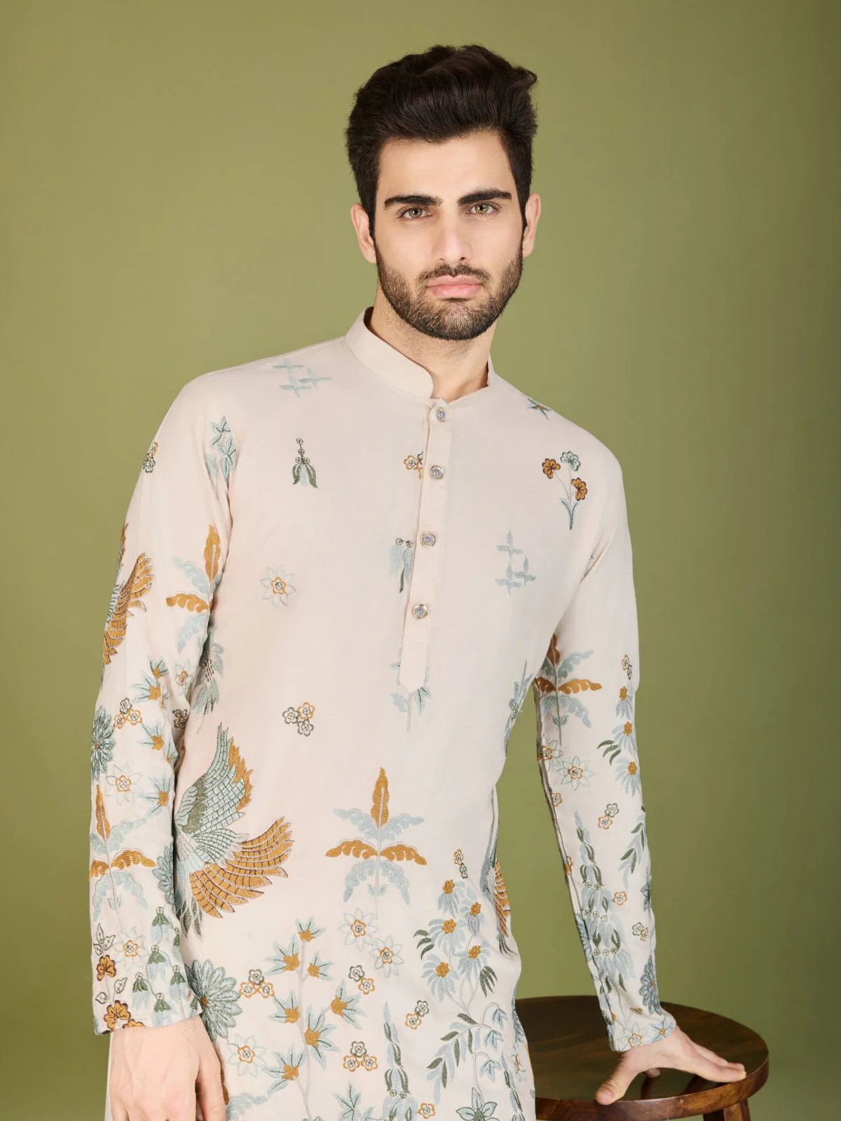 Odette Ivory Viscose Rayon Stitched Kurta For Men - Image 6