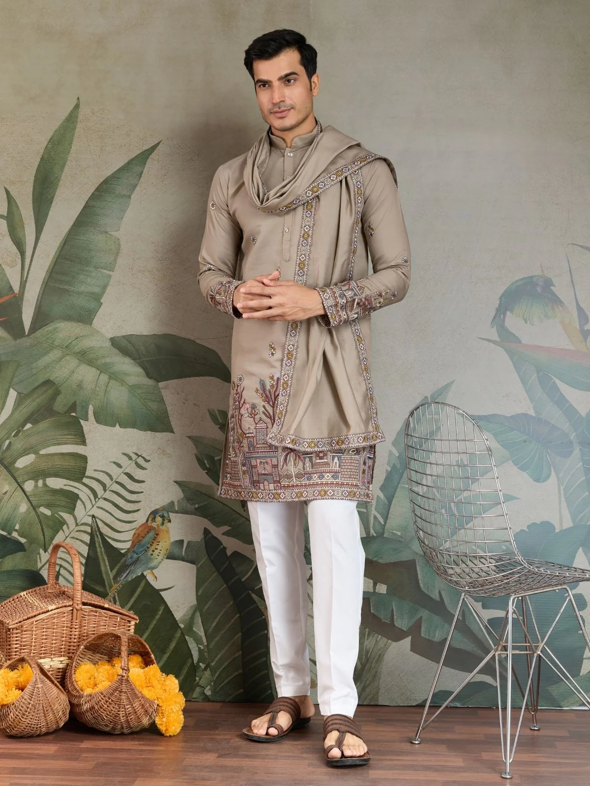 Odette Ivory Viscose Silk Embroidered Stitched Kurta For Men - Image 2