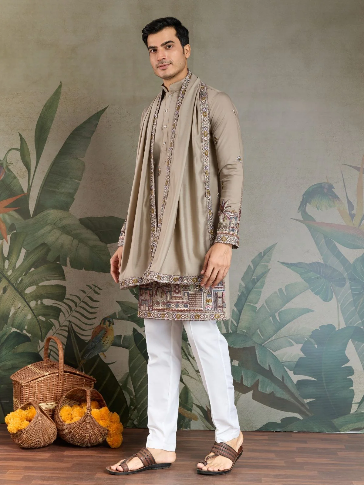 Odette Ivory Viscose Silk Embroidered Stitched Kurta For Men - Image 4