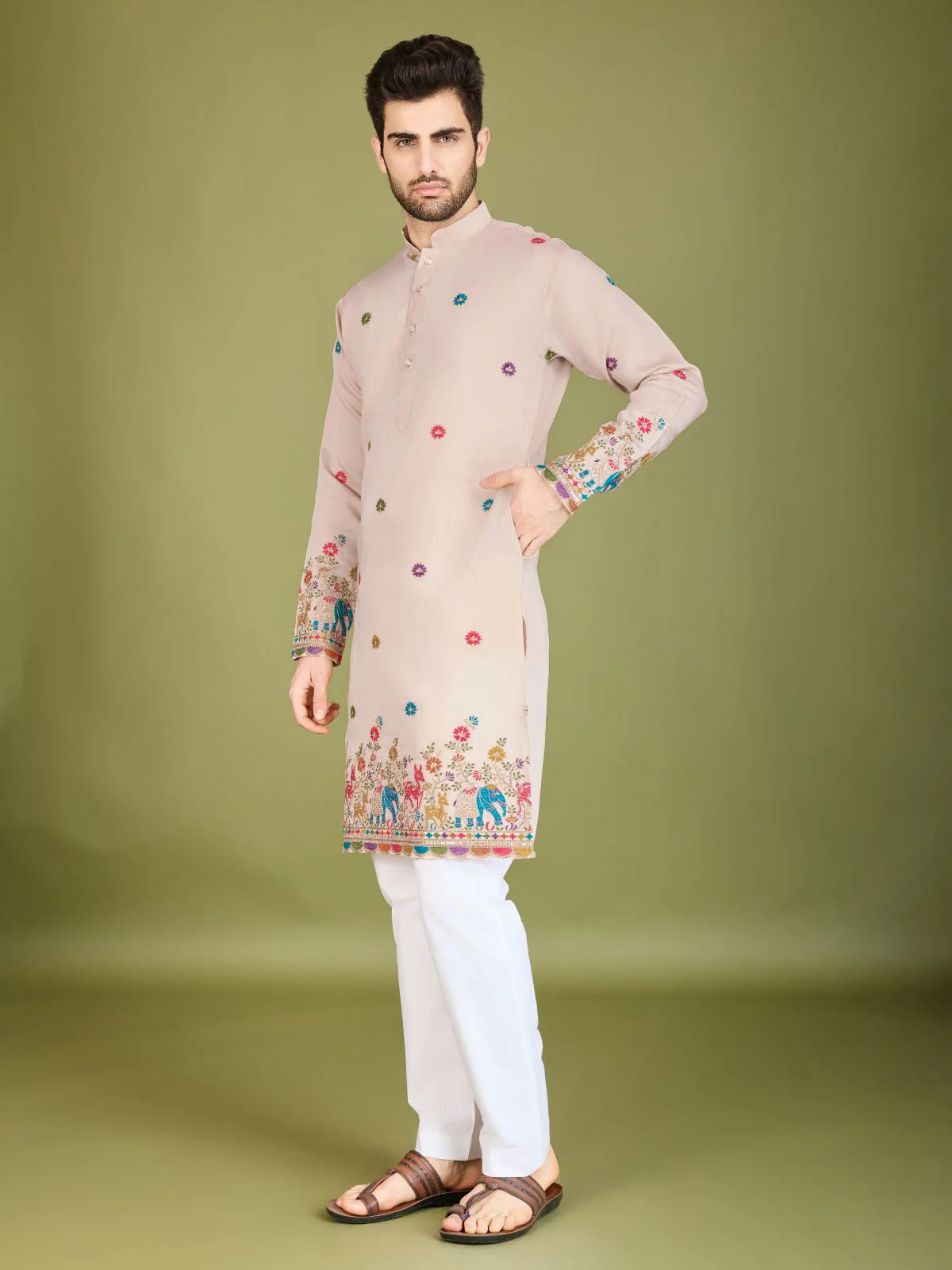 Odette Ivory Viscose Silk Stitched Kurta For Men - Image 3