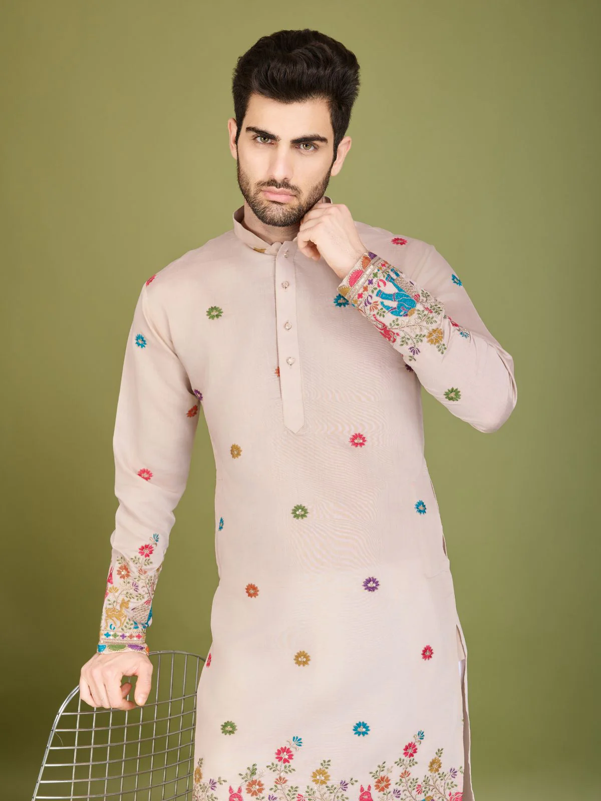 Odette Ivory Viscose Silk Stitched Kurta For Men - Image 6