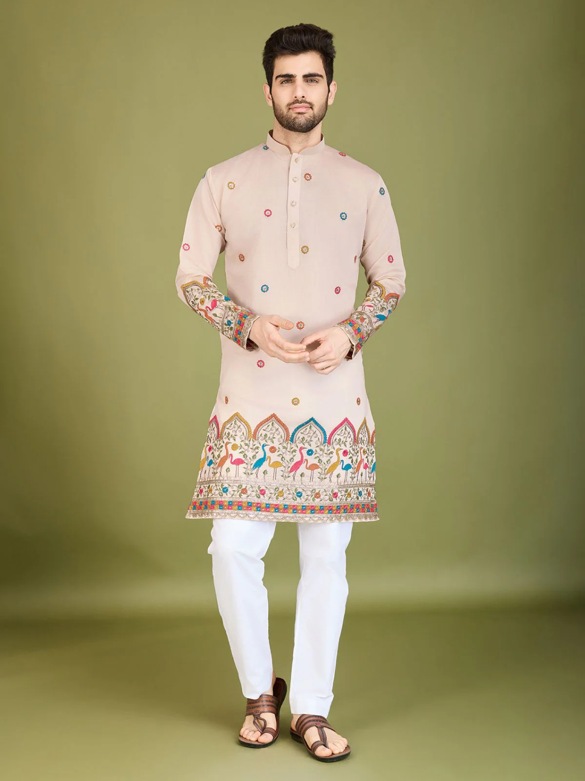 Odette Ivory Viscose Silk Stitched Kurta For Men - Image 2