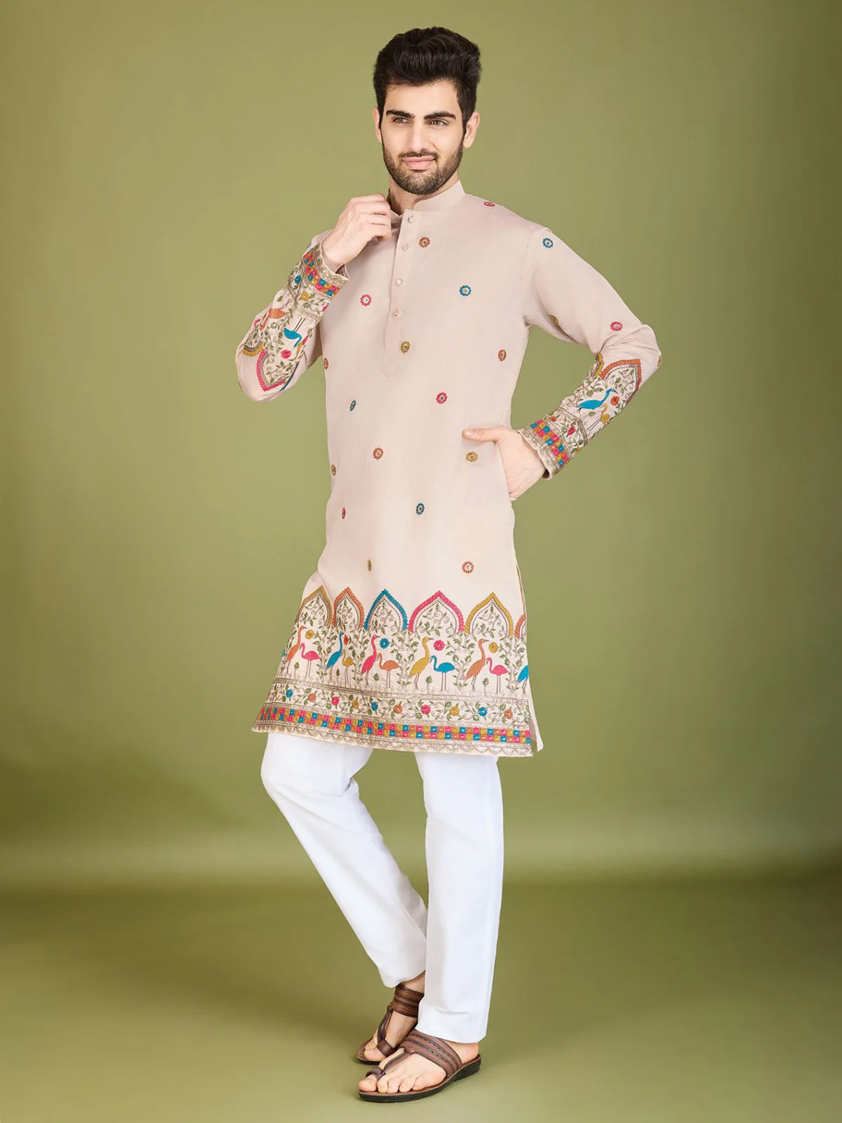 Odette Ivory Viscose Silk Stitched Kurta For Men - Image 4