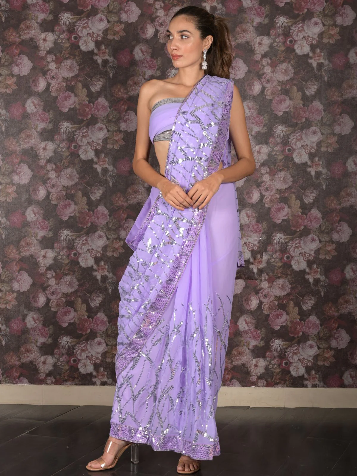 Odette Lavendar Sequins Embroidered Georgette Saree With Unstitched Blouse For Women - Image 2