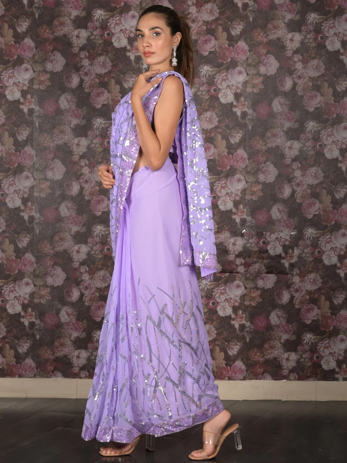 Odette Lavendar Sequins Embroidered Georgette Saree With Unstitched Blouse For Women - Image 3