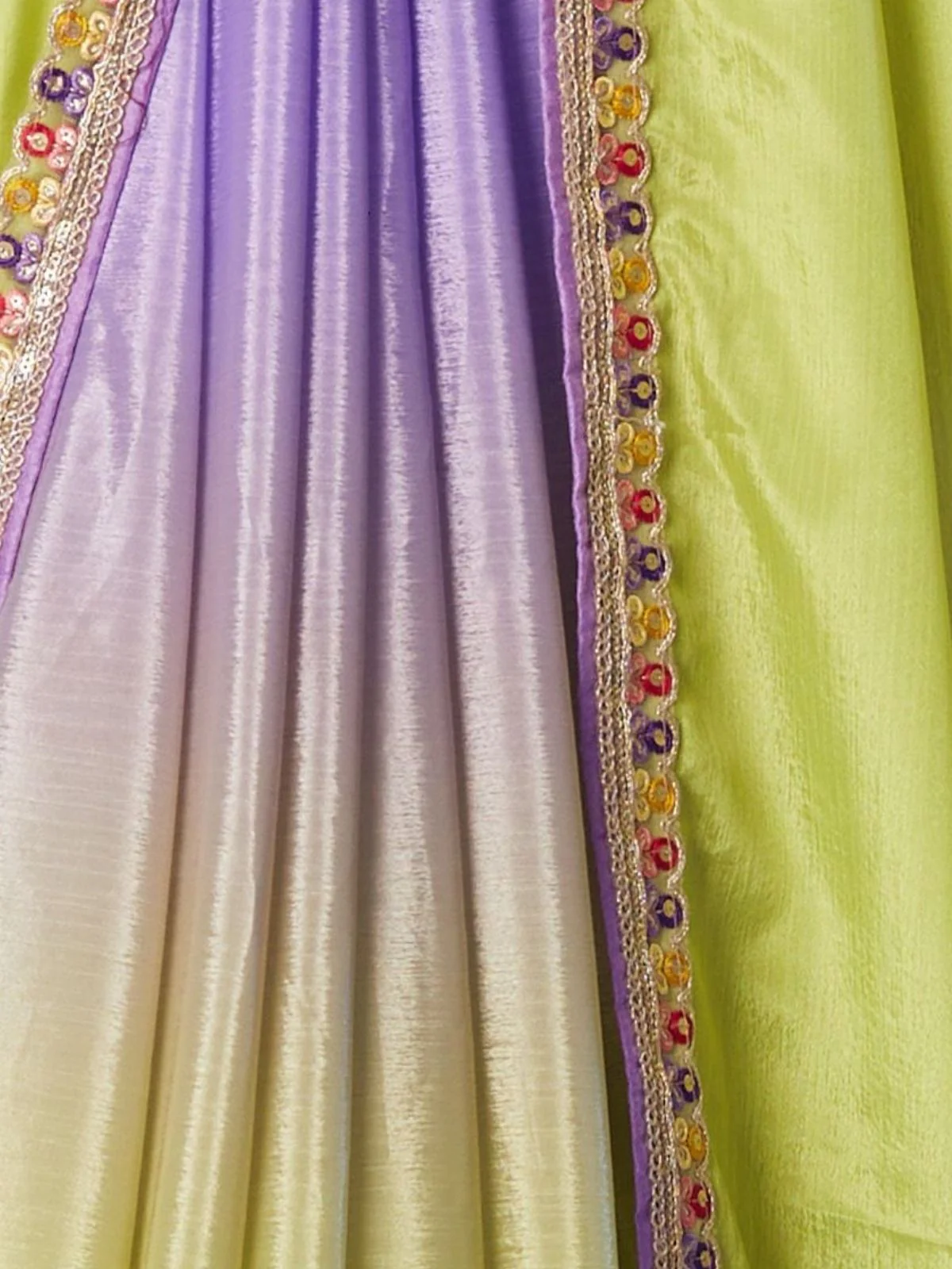 Odette Lavender And Yellow Chinon Lace Work Saree With Unstitched Blouse For Women - Image 6