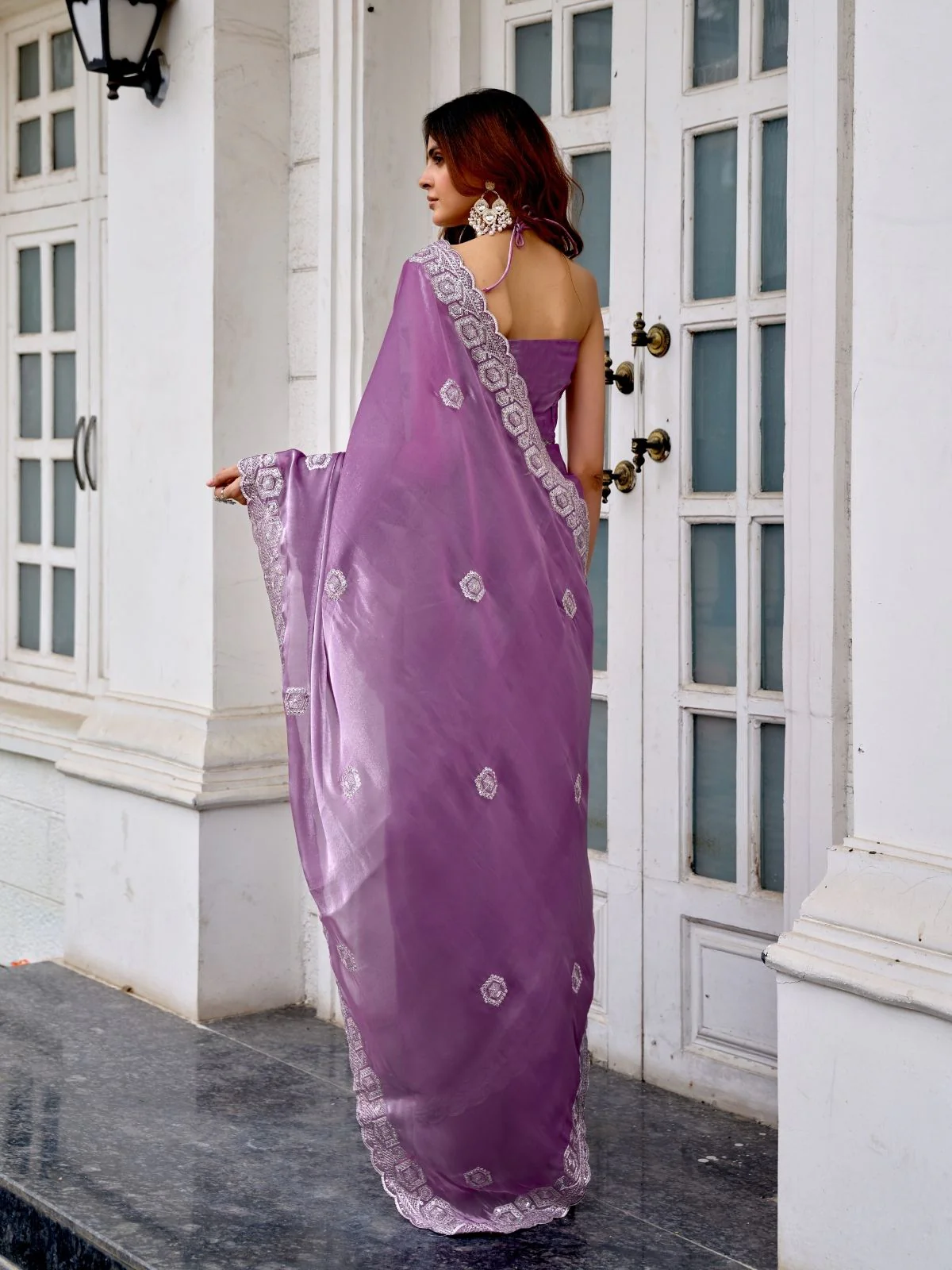 Odette Lavender Chiffon Embellished Saree For Women - Image 4