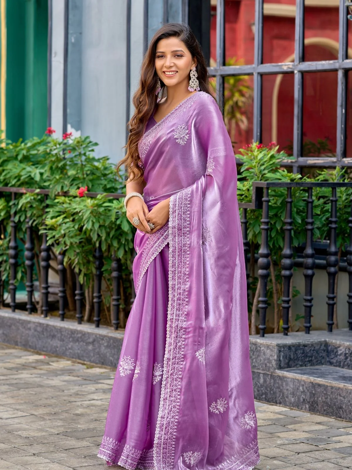 Odette Lavender Chiffon Embroidered Saree For Women - Image 2