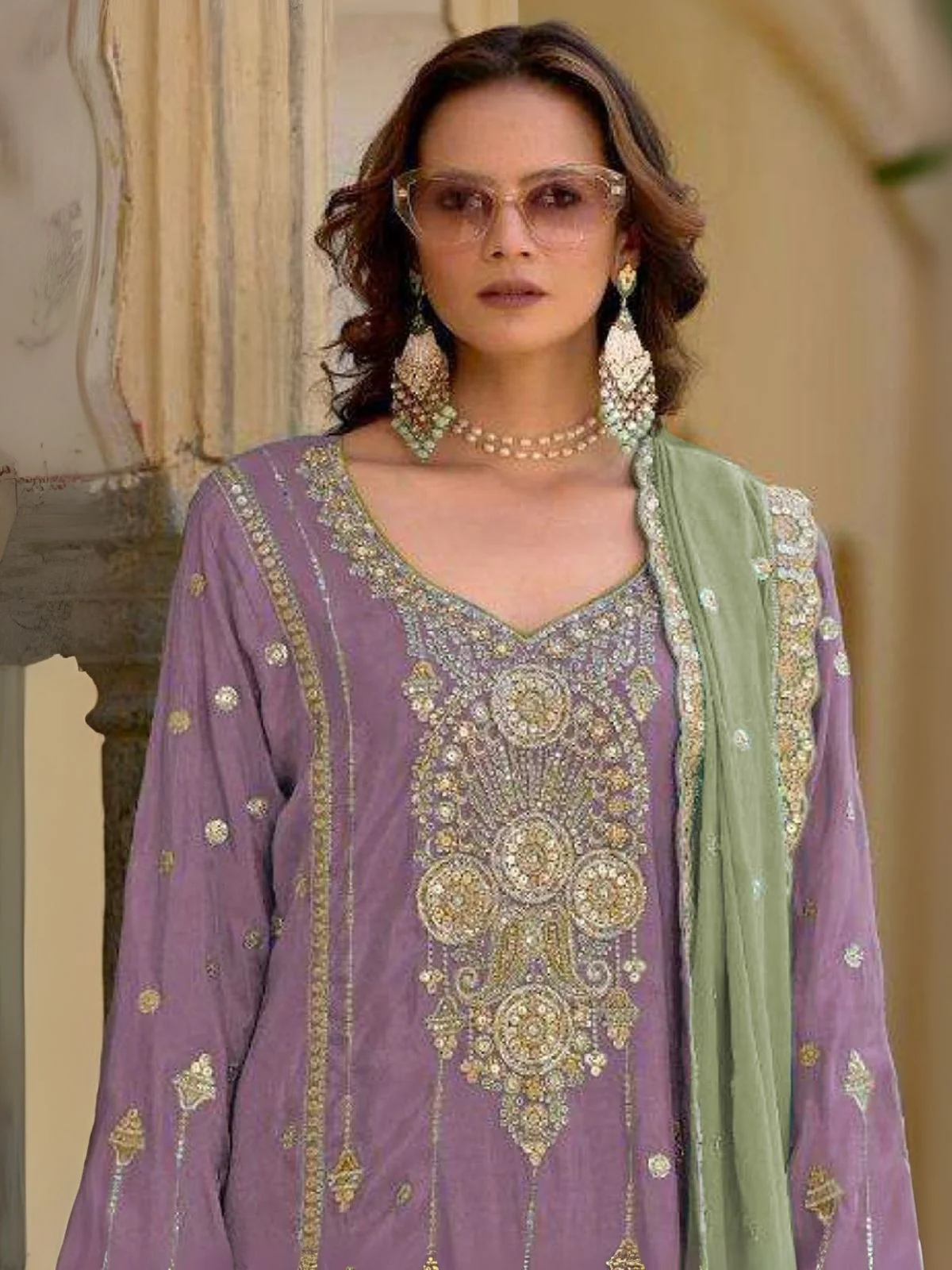Odette Lavender Chinon Embroidered Semi-Sitched Kurta Set For Women - Image 2