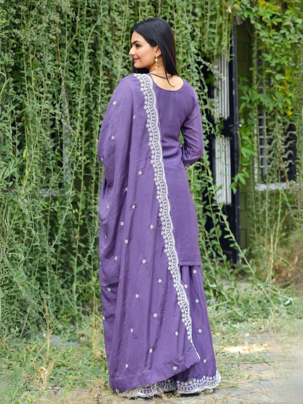 Odette Lavender Chinon Embroidered Stitched Kurta Set For Women - Image 3