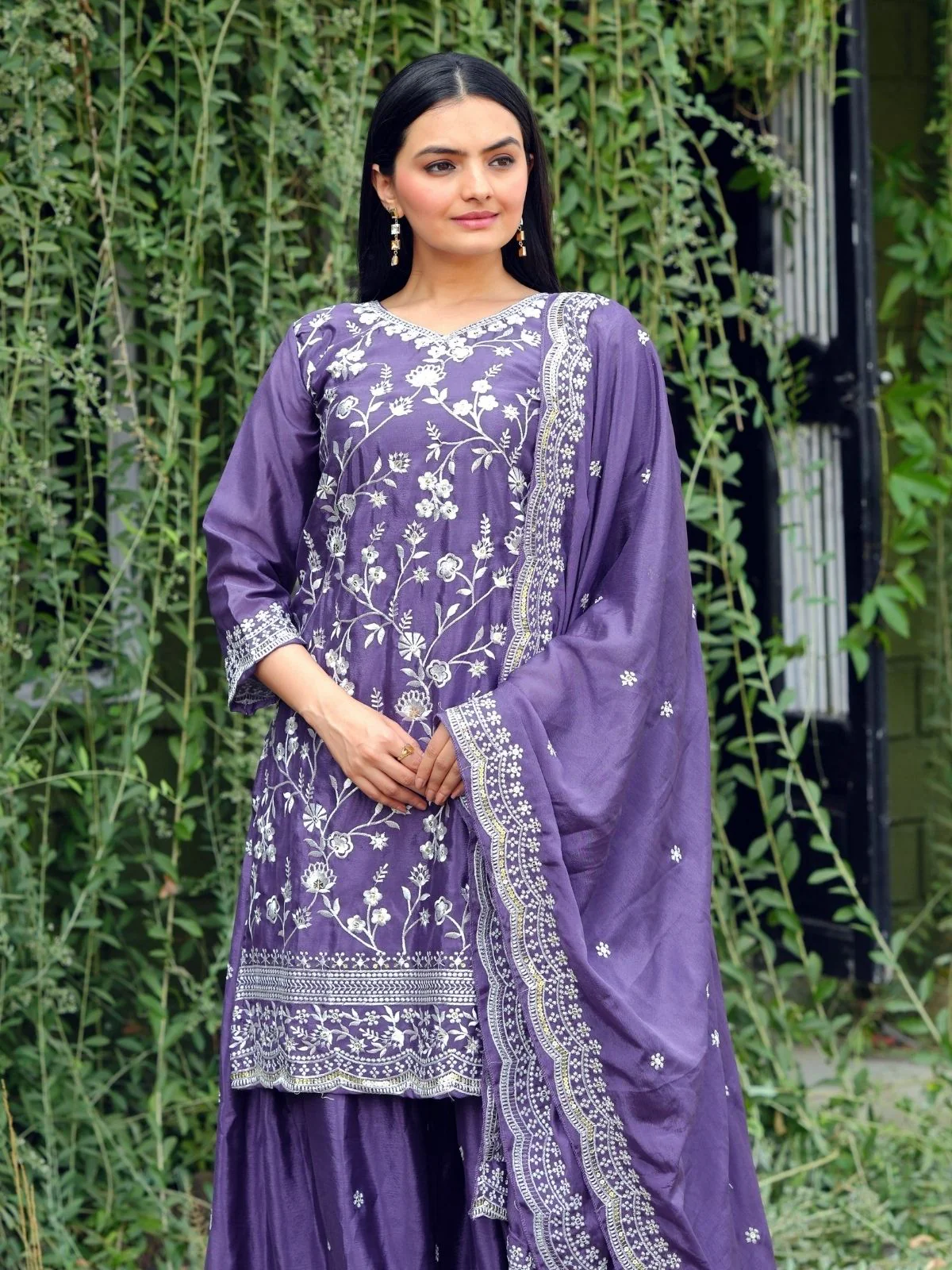 Odette Lavender Chinon Embroidered Stitched Kurta Set For Women - Image 5