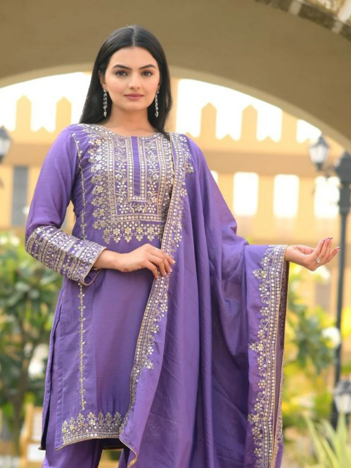 Odette Lavender ChinonÂ Embroidered Stitched Kurta Set For Women - Image 4