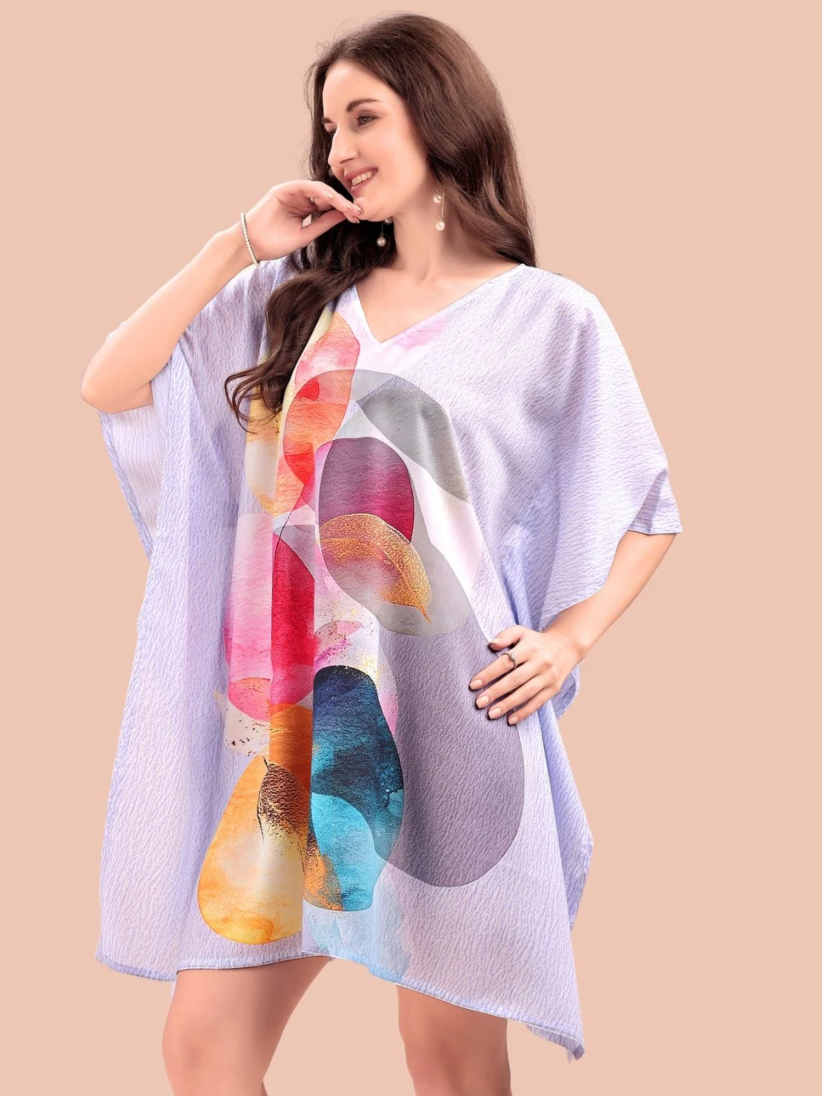 Odette Lavender Cotton Blend Printed Kaftan For Women - Image 4