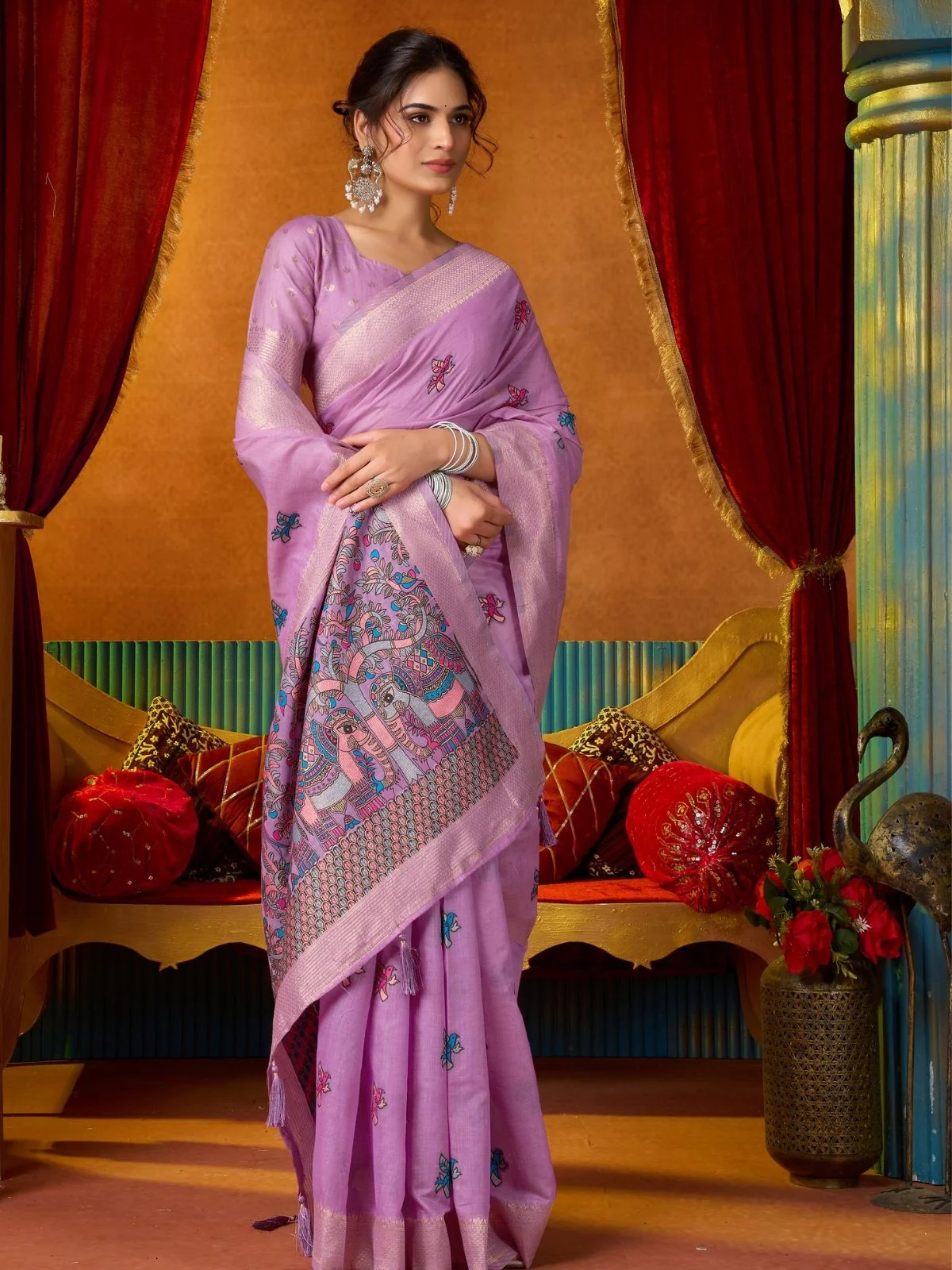 Odette Lavender Cotton Blend Printed Saree For Women - Image 3