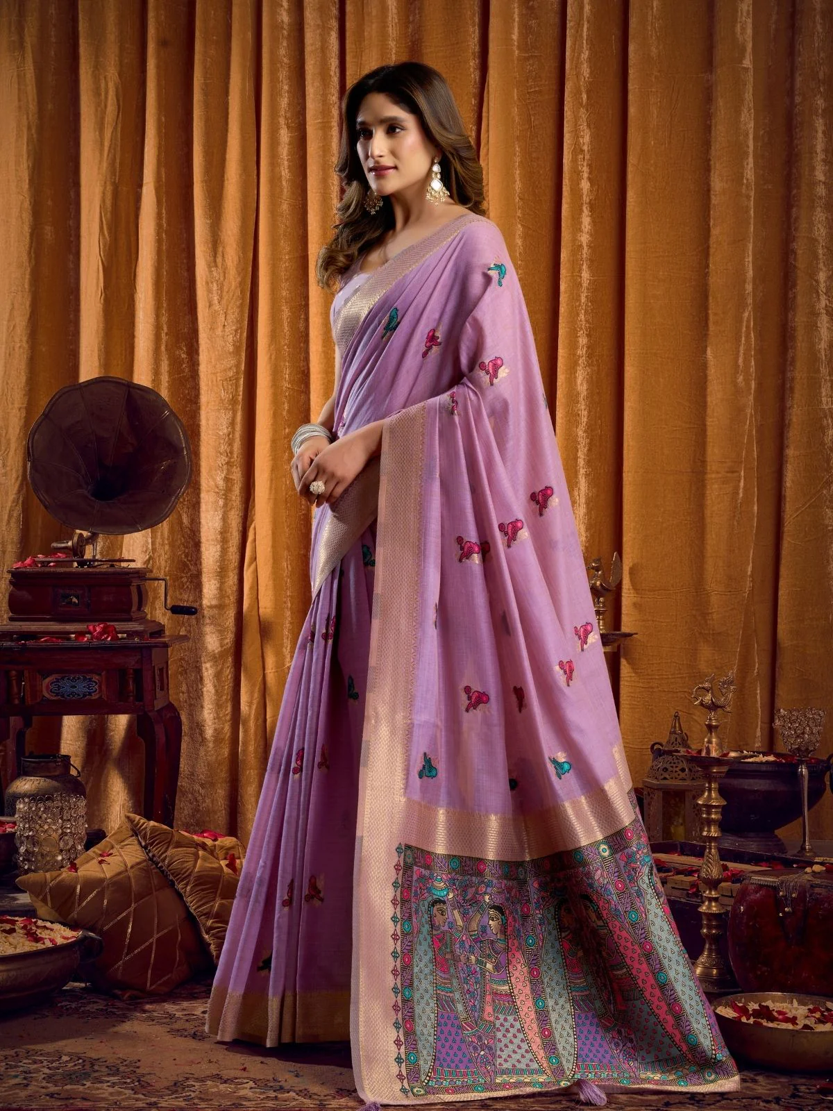 Odette Lavender Cotton Blend Woven Saree For Women - Image 2