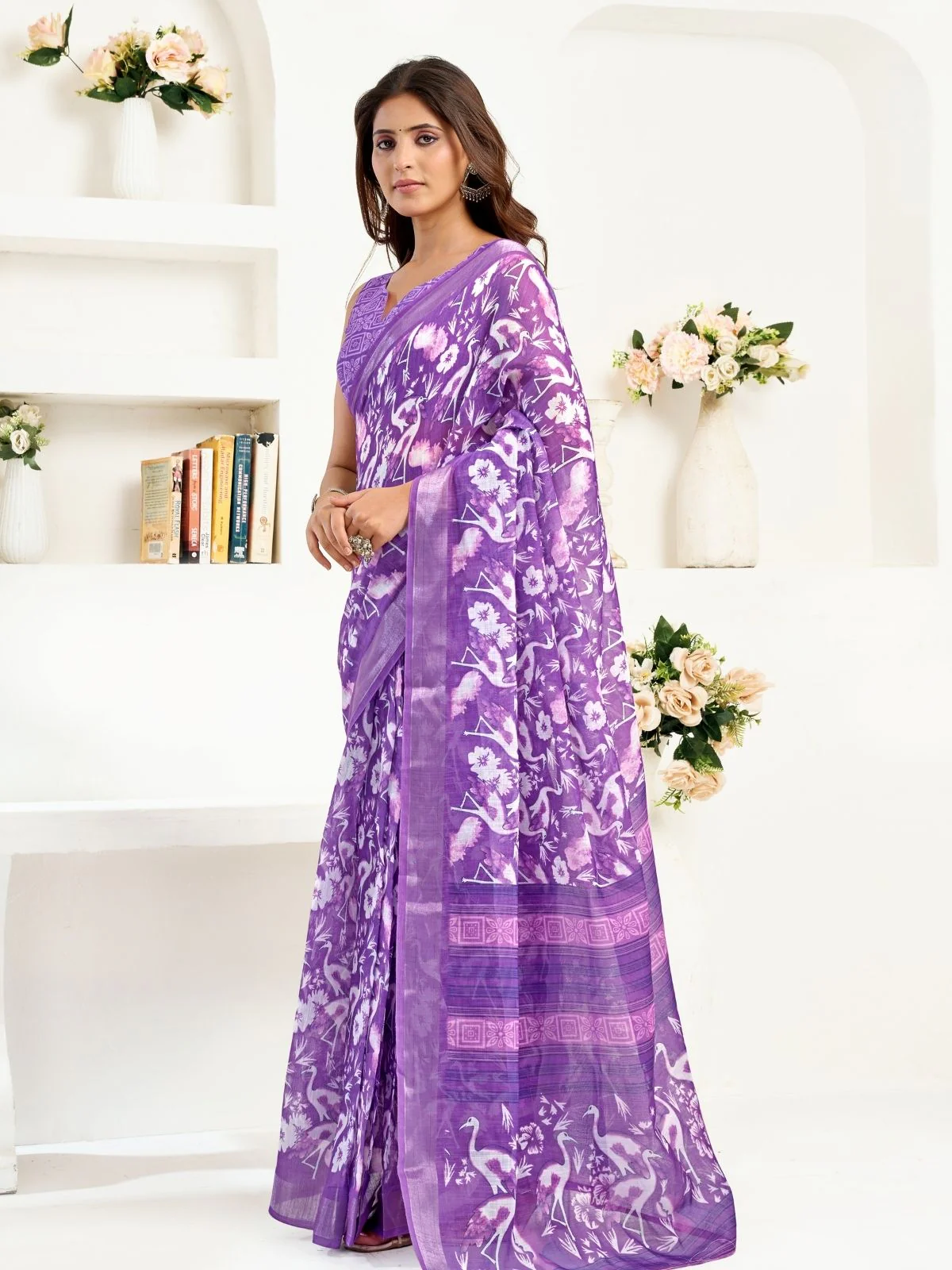 Odette Lavender Cotton Linen Zari Work Saree For Women - Image 2