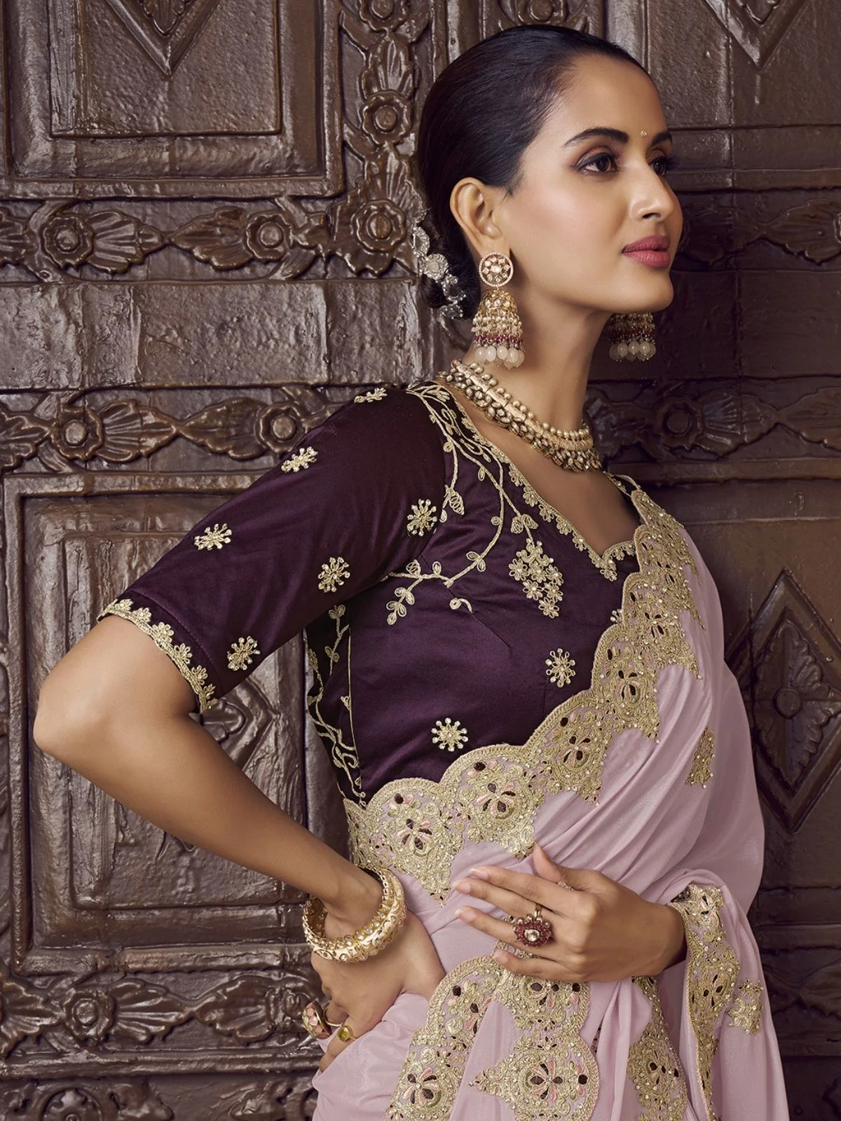 Odette Lavender Crepe Embroidered Elegant Saree For Women - Image 3