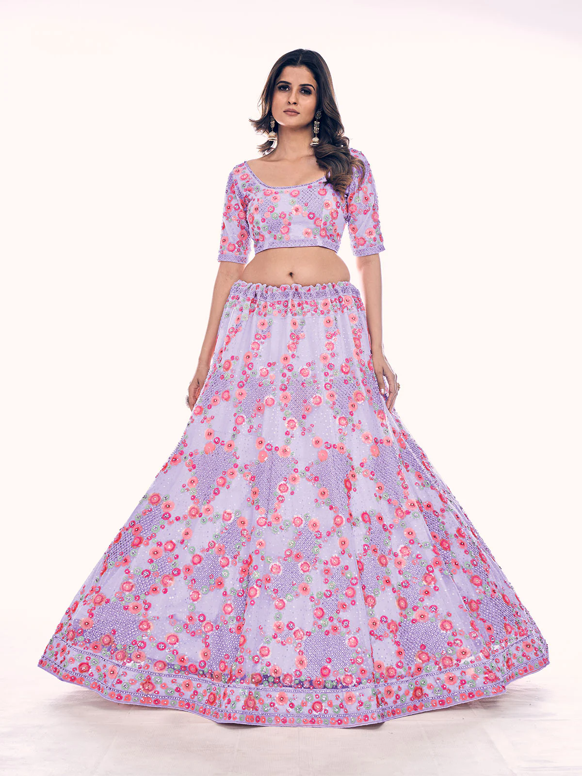 Odette Lavender Embroidered Soft Net Semi Stitched Lehenga With Blouse For Women - Image 3