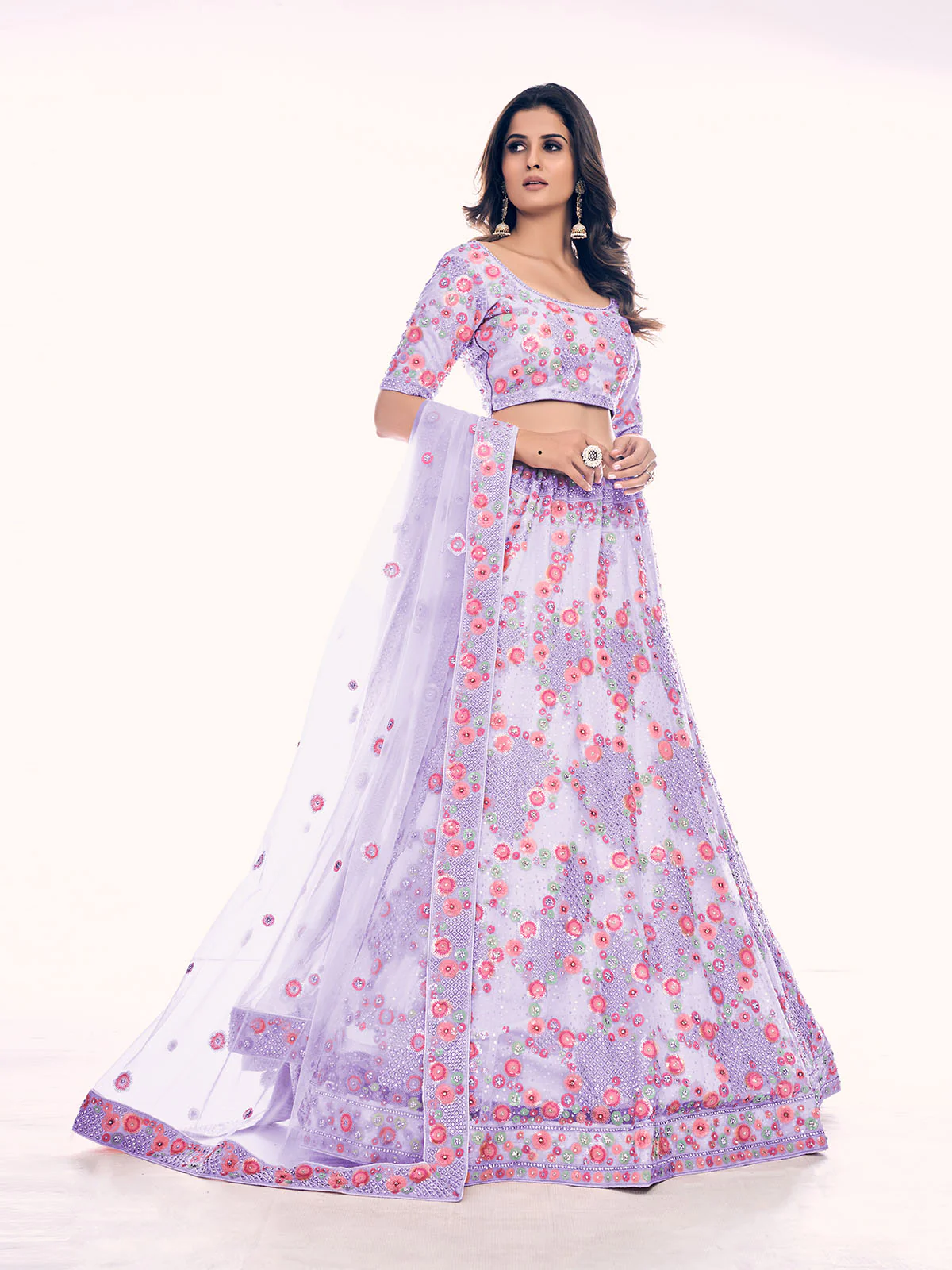 Odette Lavender Embroidered Soft Net Semi Stitched Lehenga With Blouse For Women - Image 5