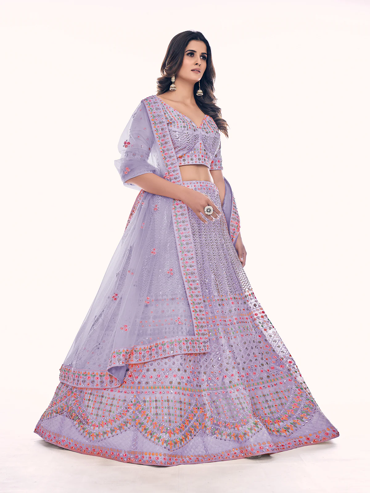 Odette Lavender Embroidered Soft Net Semi Stitched Lehenga With Blouse For Women - Image 2
