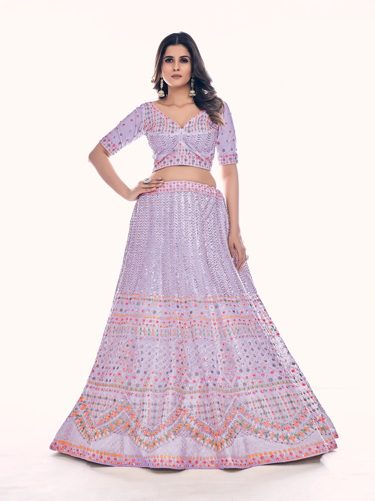 Odette Lavender Embroidered Soft Net Semi Stitched Lehenga With Blouse For Women - Image 3