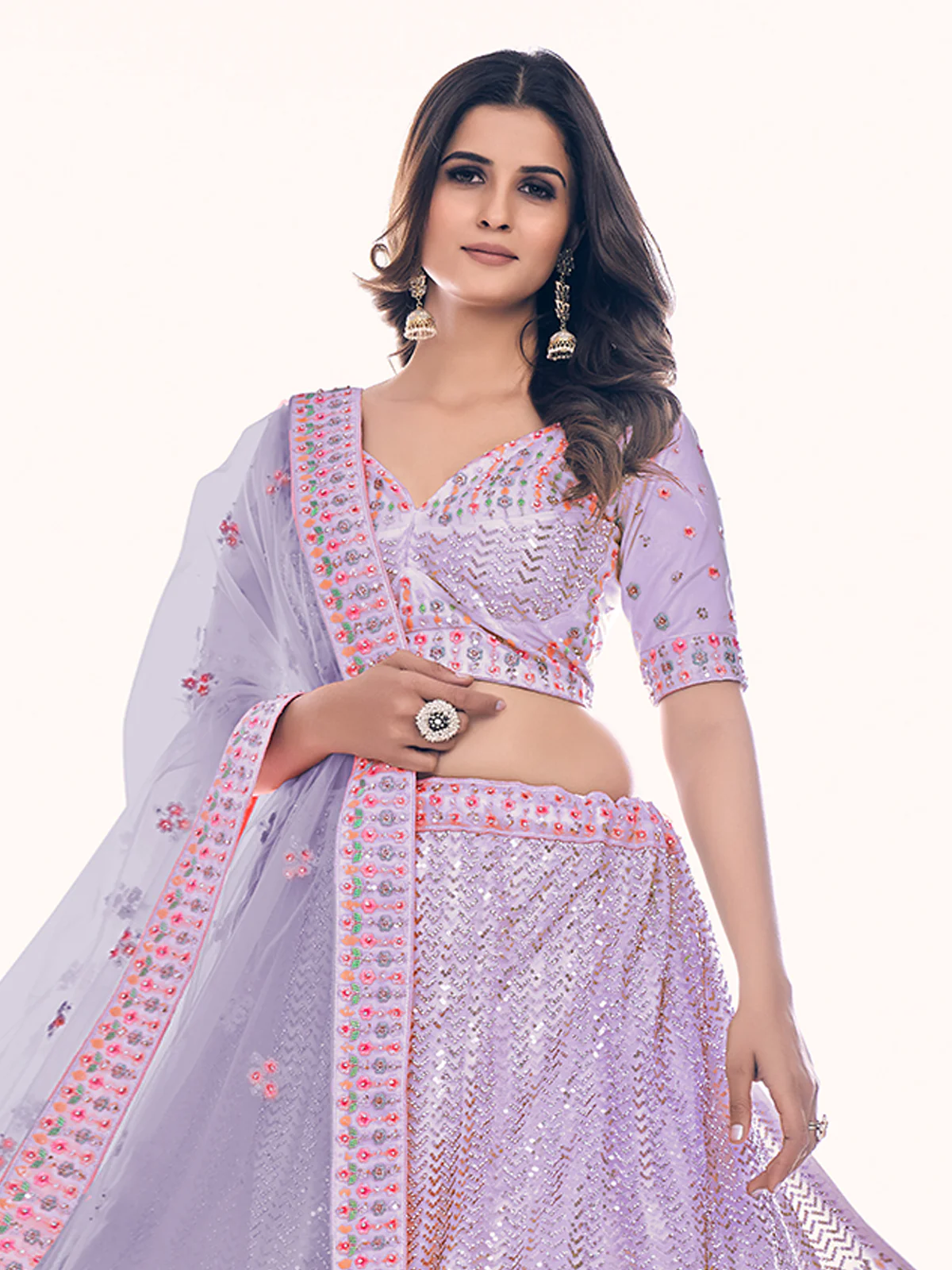 Odette Lavender Embroidered Soft Net Semi Stitched Lehenga With Blouse For Women - Image 5