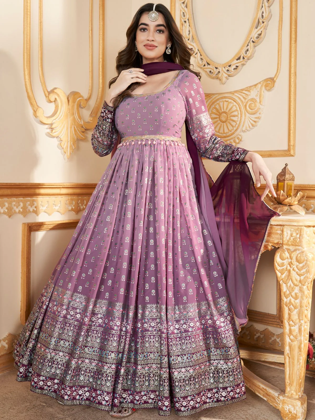 Odette Lavender Faux Georgette Metalic Multi Foil Work Stitched Gown With Dupatta For Women - Image 2