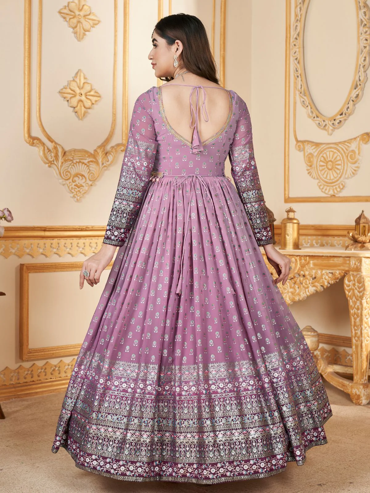 Odette Lavender Faux Georgette Metalic Multi Foil Work Stitched Gown With Dupatta For Women - Image 4