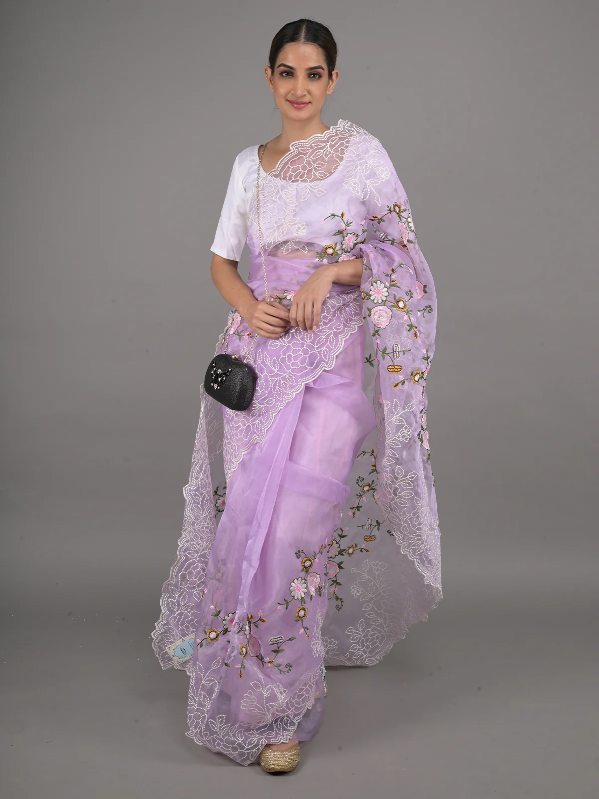 Odette Lavender Floral Embroidered Organza Saree with Unstitched Blouse for Women - Image 2