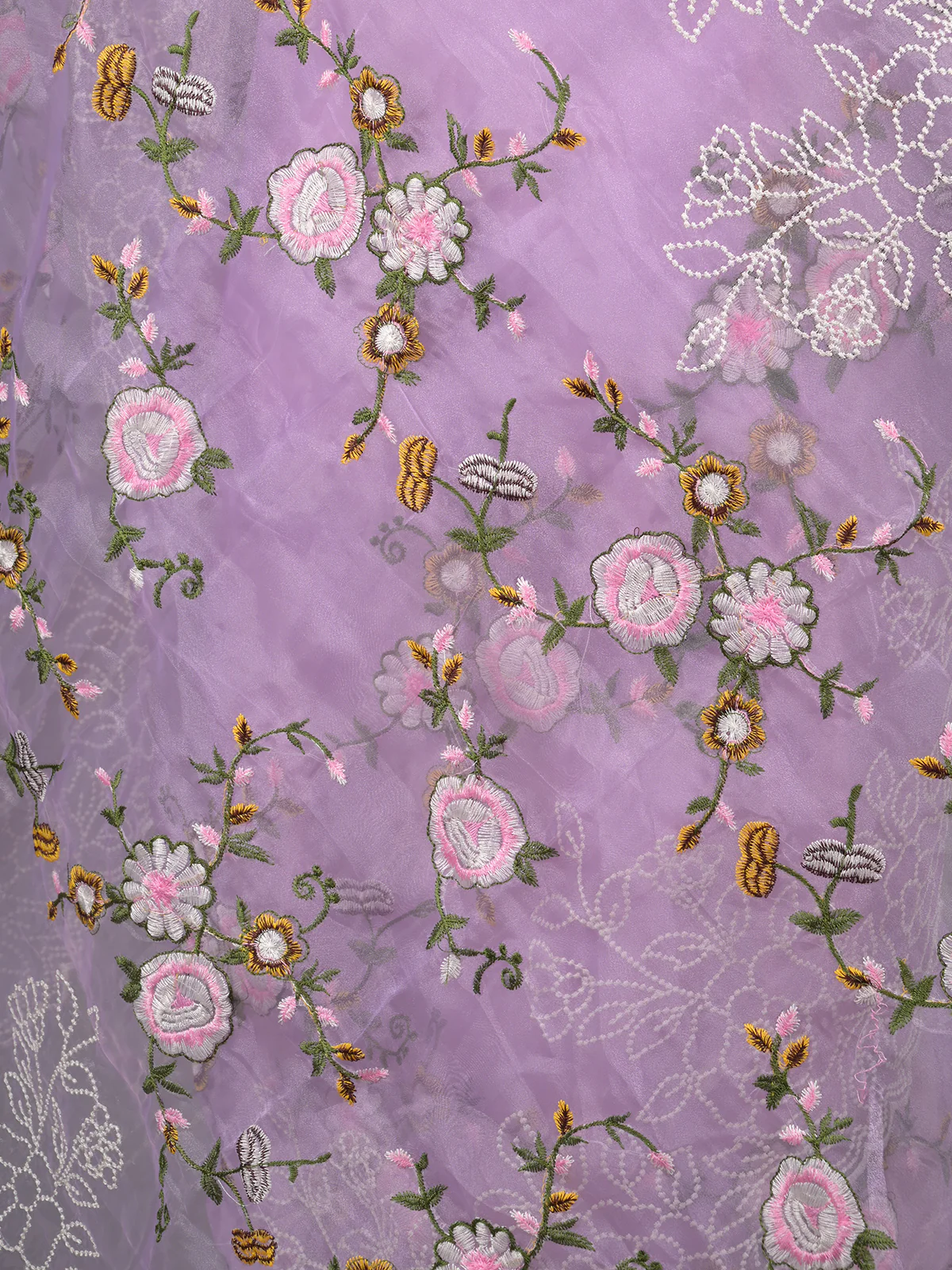 Odette Lavender Floral Embroidered Organza Saree with Unstitched Blouse for Women - Image 5