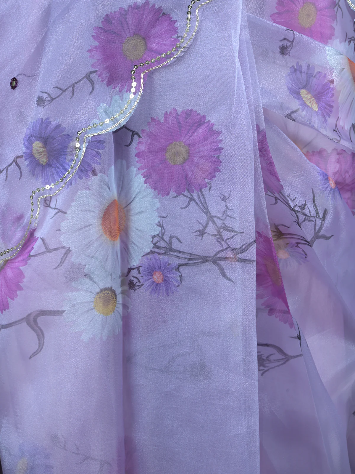 Odette Lavender Floral Printed Embroidered Organza Saree with Unstitched Blouse for Women - Image 5