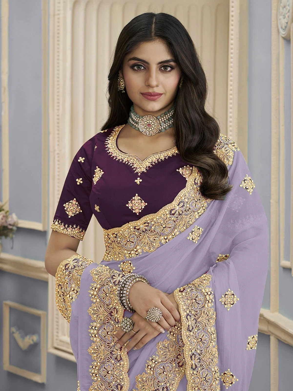 Odette Lavender Georgette Embellished Elegant Saree For Women - Image 3