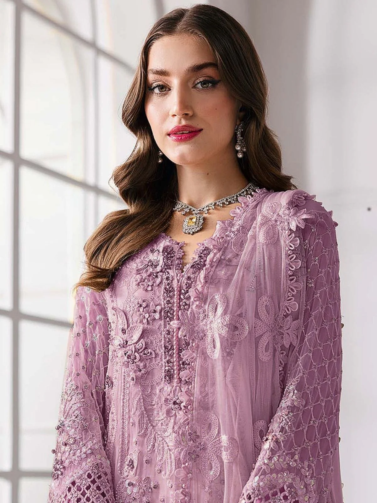 Odette Lavender Georgette Embellished Semi Stitched Kurta Set For Women - Image 2