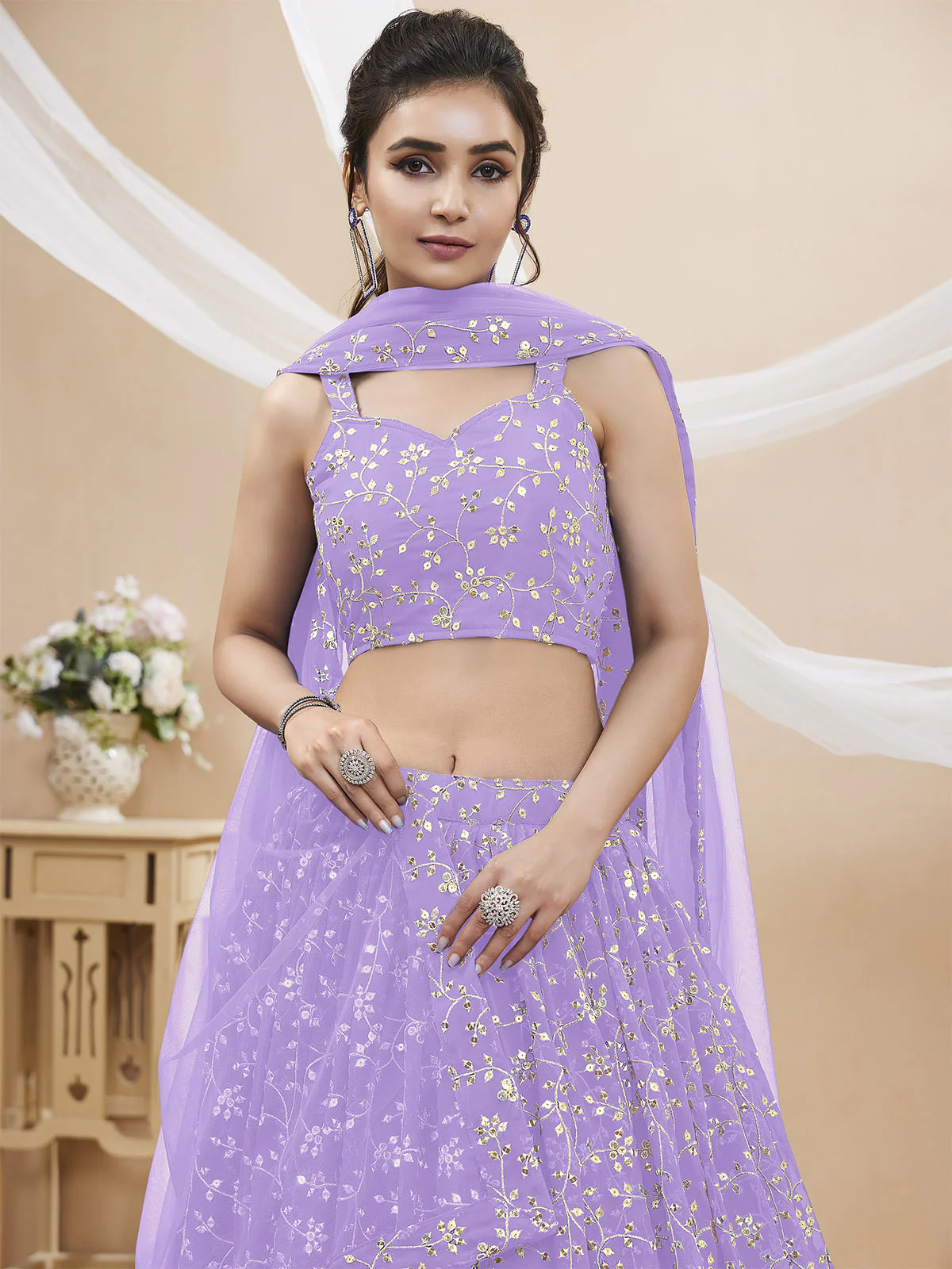 Odette Lavender Georgette Embellished Semi Stitched Lehenga With Unstitched Blouse For Women - Image 4