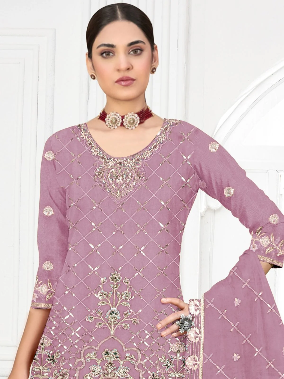 Odette Lavender Georgette Embellished Semi-Stitched Kurta Set For Women - Image 2