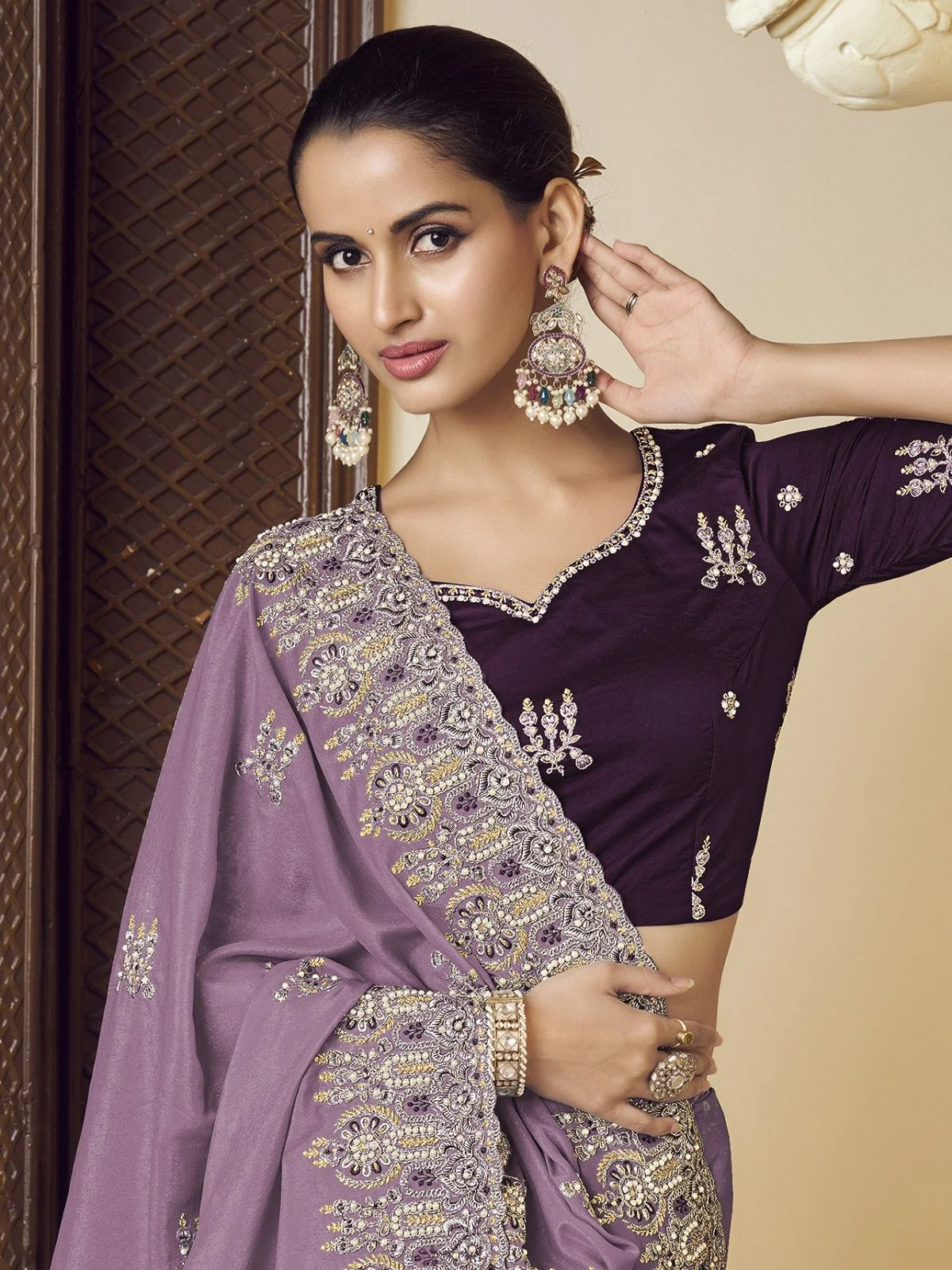 Odette Lavender Georgette Embroidered Elegant Saree For Women - Image 3