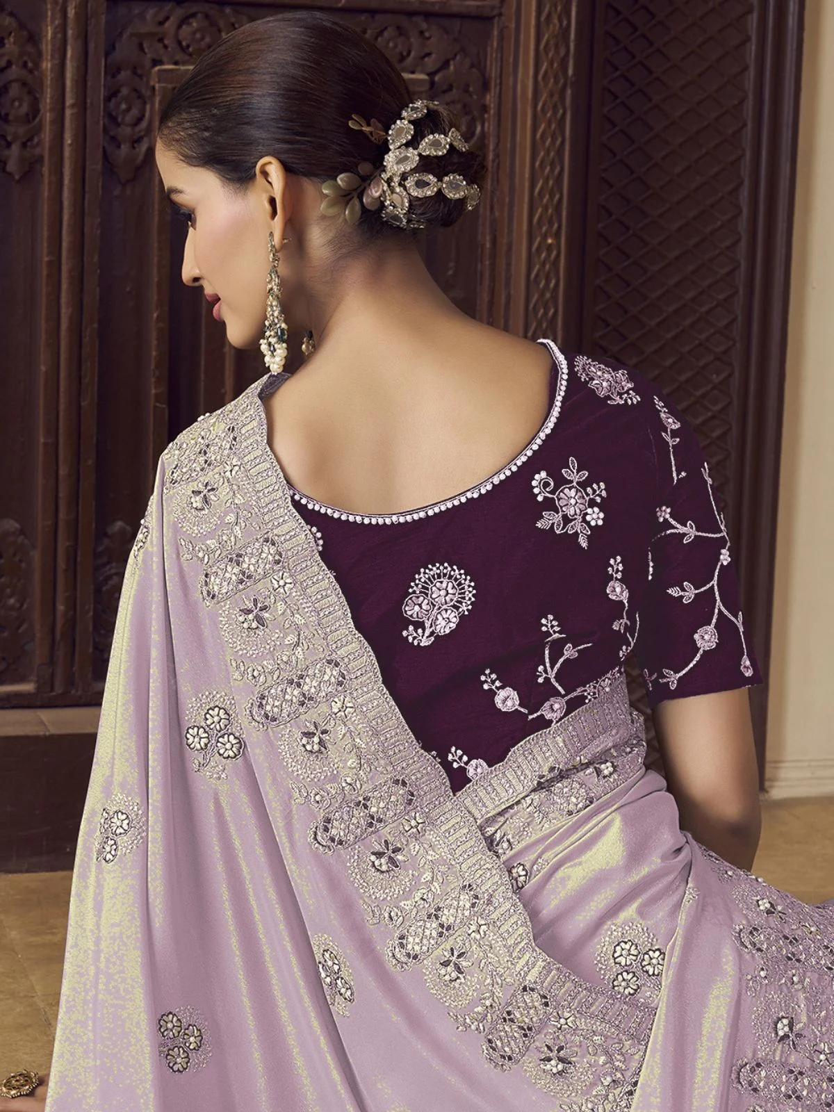 Odette Lavender Georgette Embroidered Elegant Saree For Women - Image 2