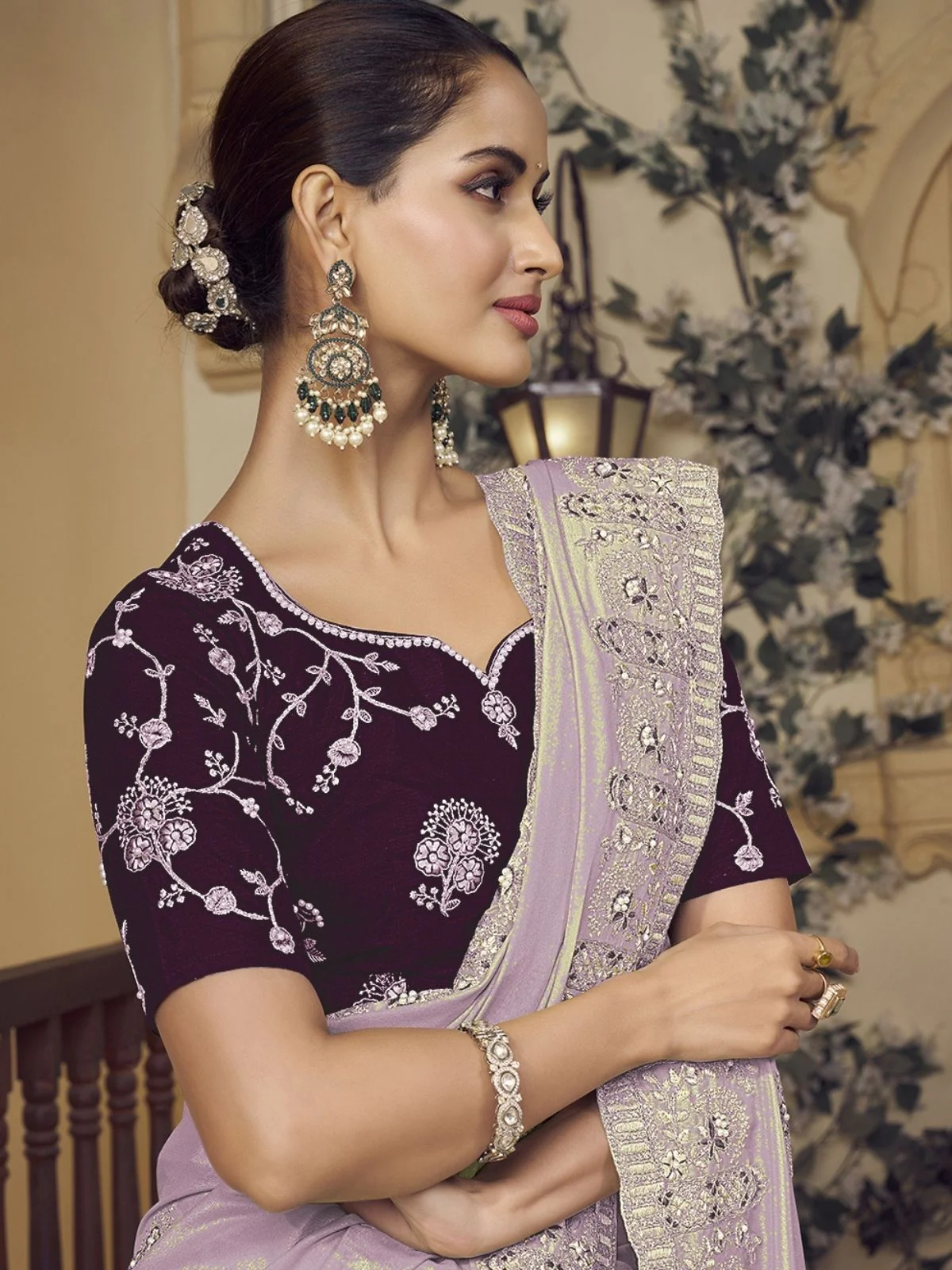 Odette Lavender Georgette Embroidered Elegant Saree For Women - Image 3
