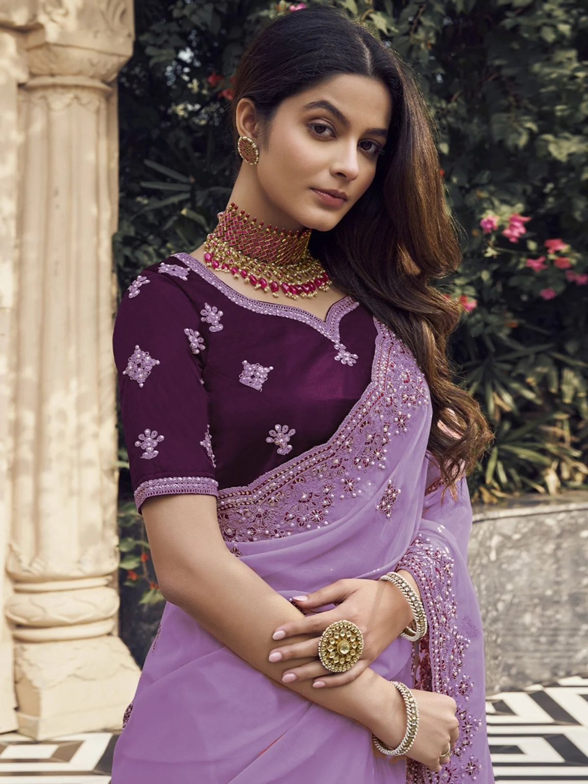 Odette Lavender Georgette Embroidered Elegant Saree For Women - Image 3