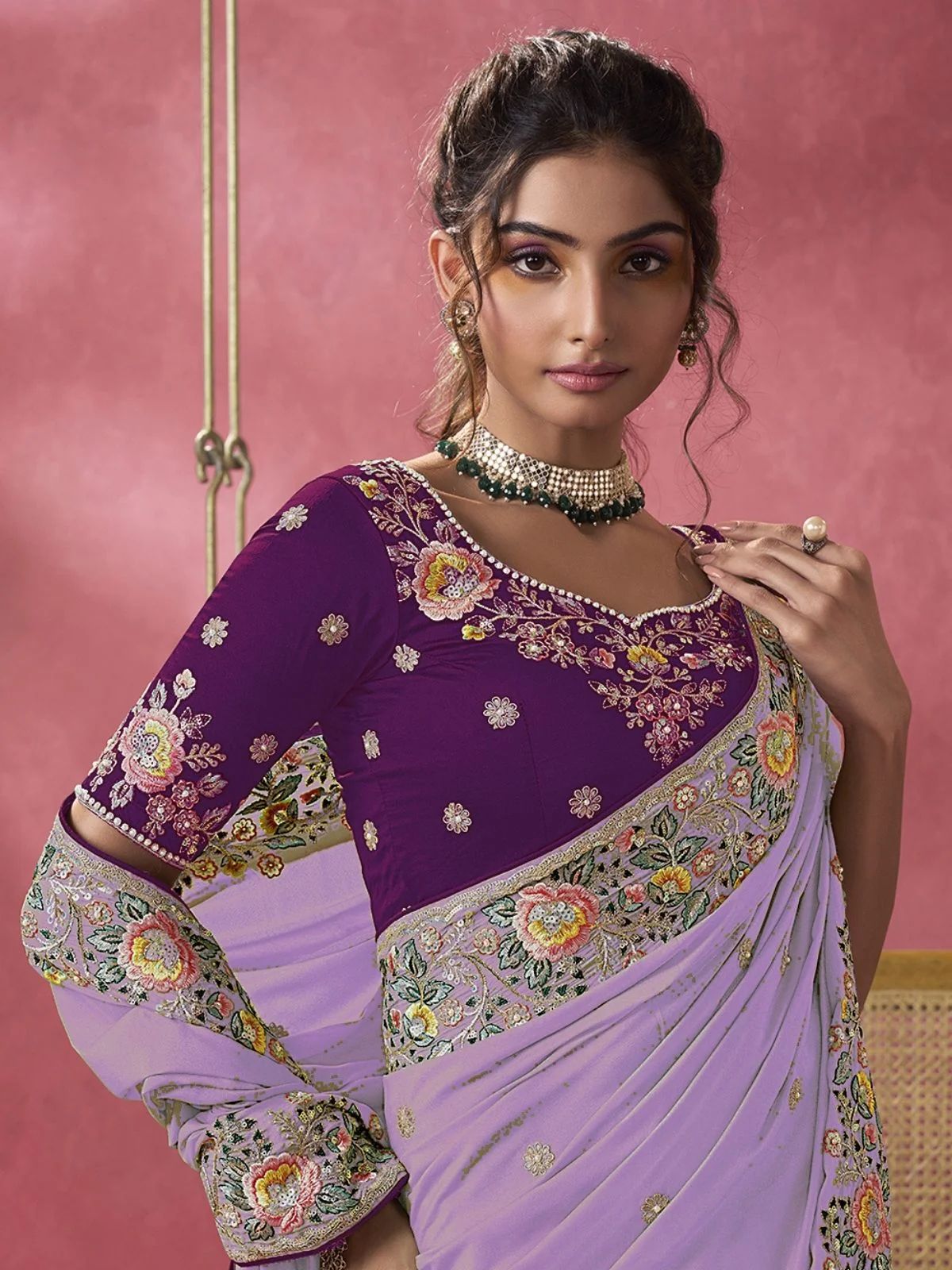 Odette Lavender Georgette Embroidered Elegant Saree For Women - Image 2