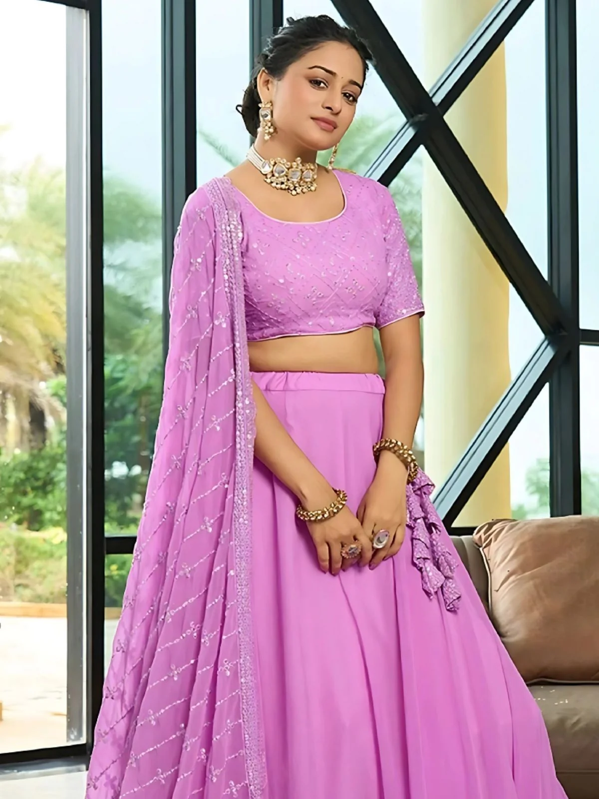 Odette Lavender Georgette Embroidered Semi-Stitched Lehenga For Women - Image 3