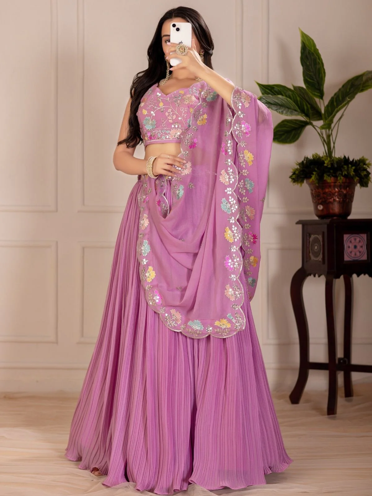 Odette Lavender Georgette Embroidered Semi-Stitched lehenga For Women - Image 2