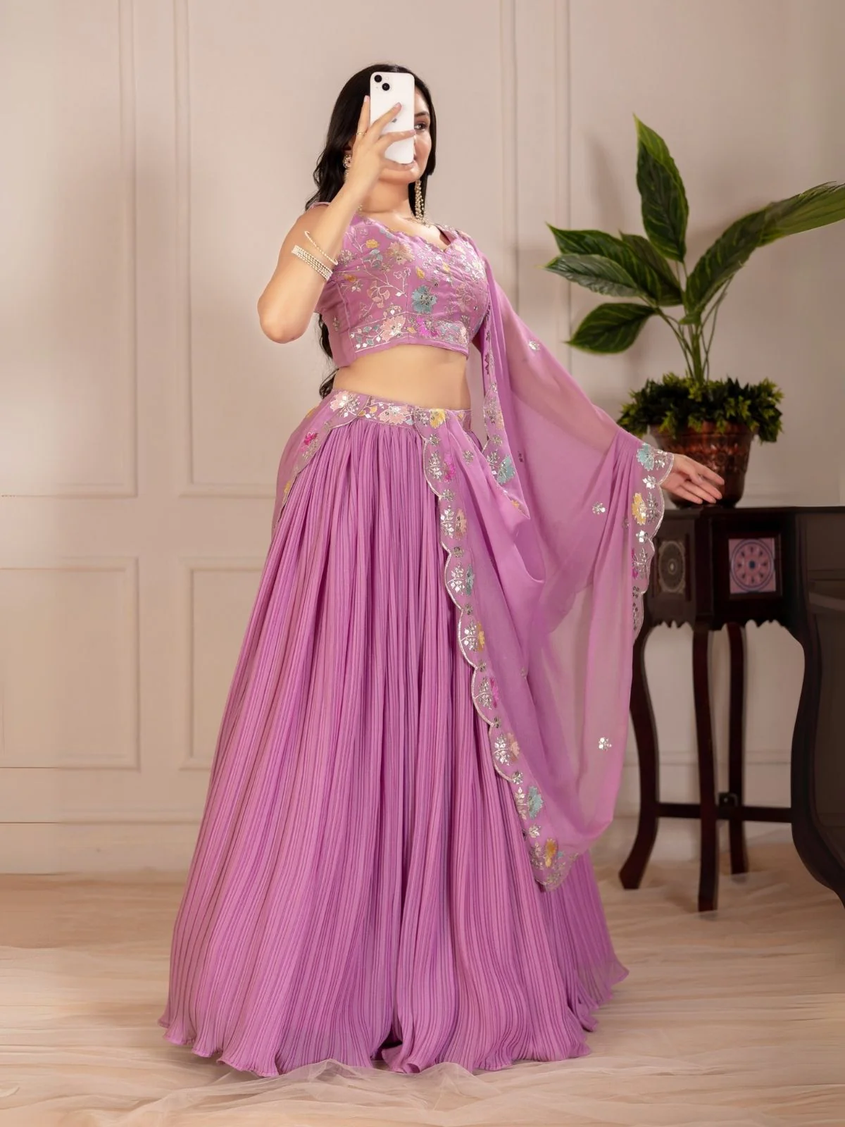 Odette Lavender Georgette Embroidered Semi-Stitched lehenga For Women - Image 3
