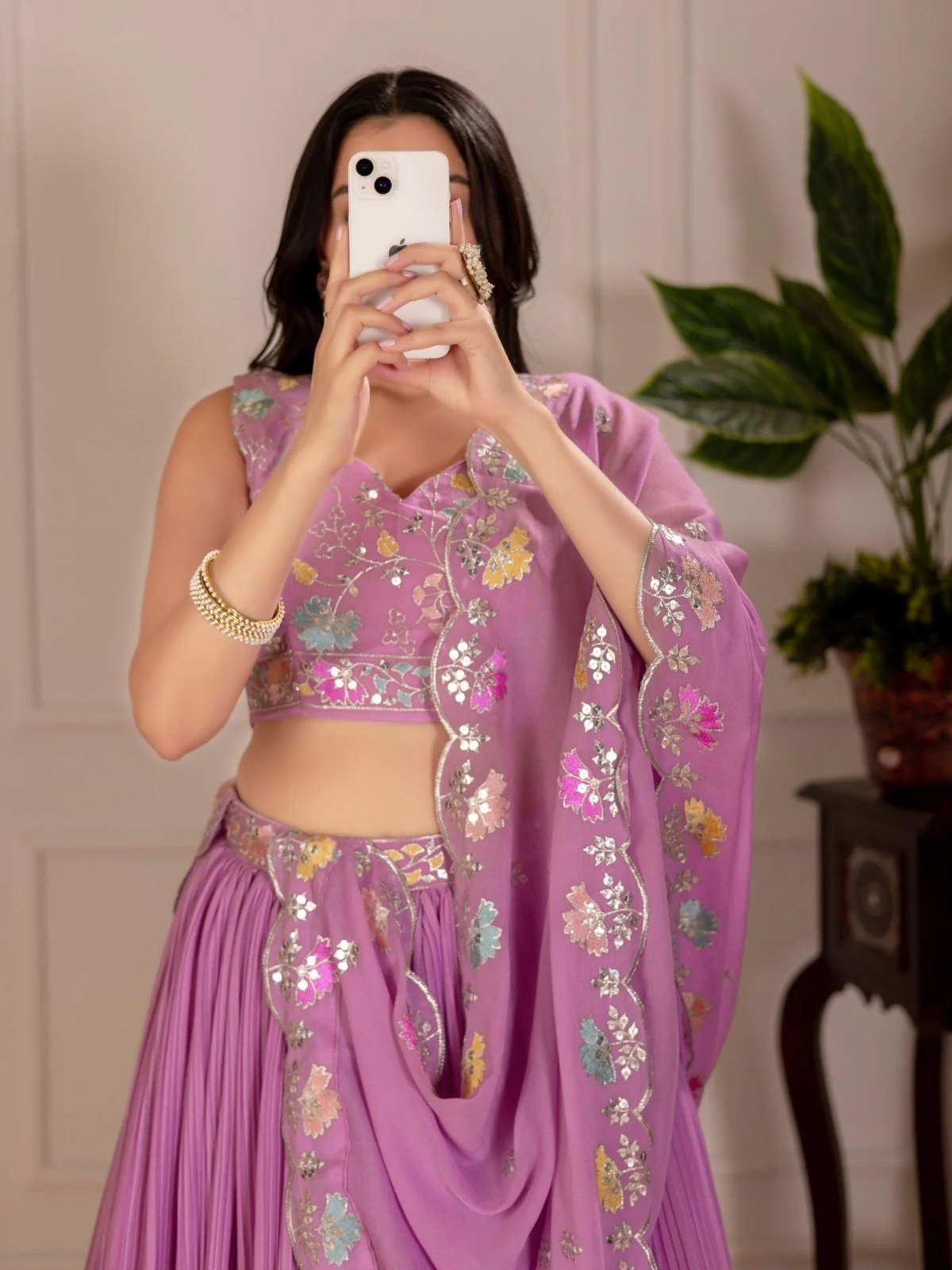 Odette Lavender Georgette Embroidered Semi-Stitched lehenga For Women - Image 4