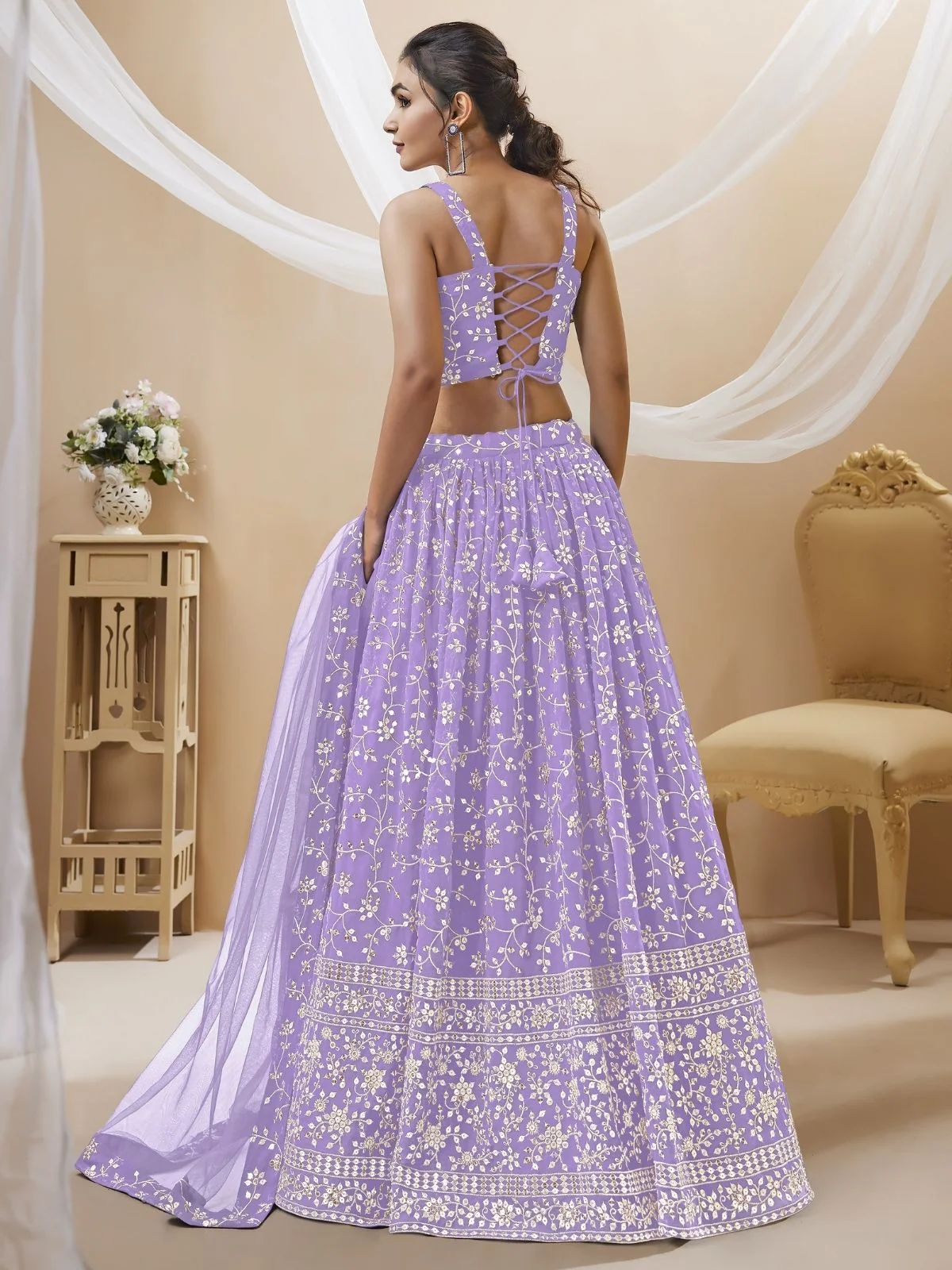 Odette Lavender Georgette Embroidered Semi-Stitched Lehenga For Women - Image 2