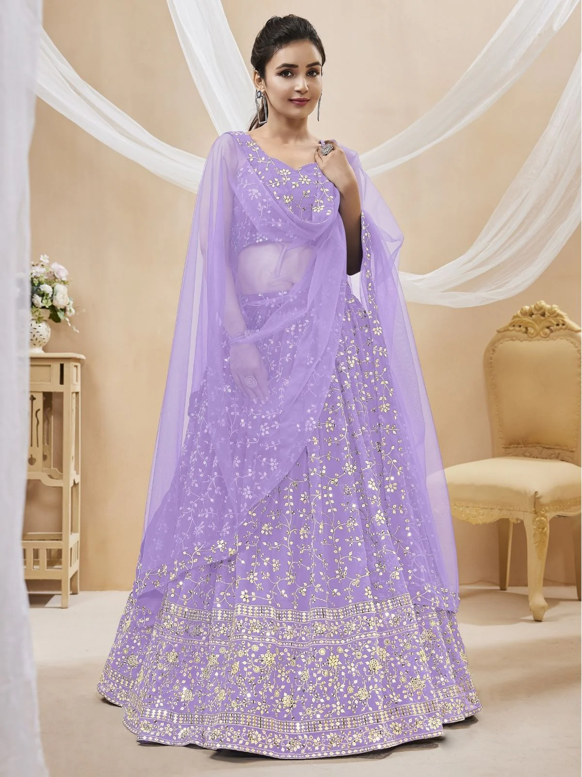 Odette Lavender Georgette Embroidered Semi-Stitched Lehenga For Women - Image 3