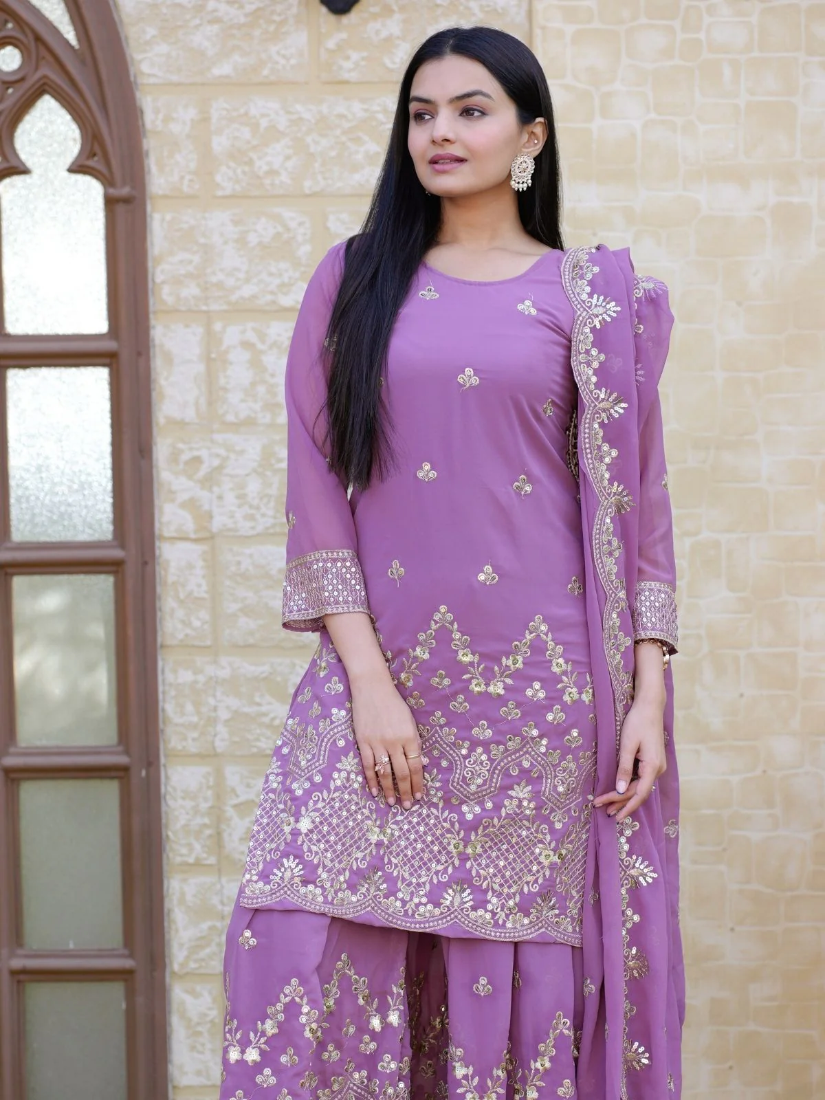 Odette Lavender Georgette Embroidered Stitched Kurta Set For Women - Image 4
