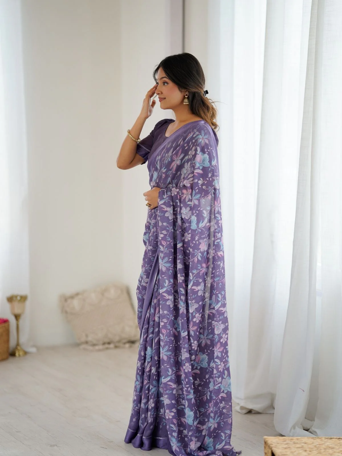 Odette Lavender Georgette Printed Saree For Women - Image 2