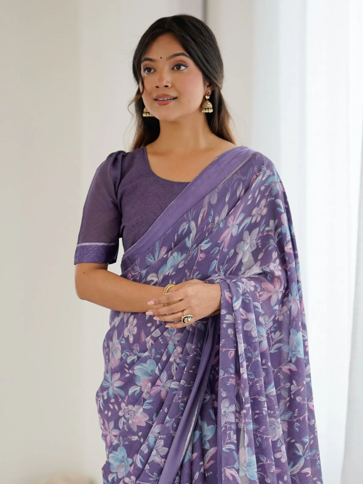 Odette Lavender Georgette Printed Saree For Women - Image 4