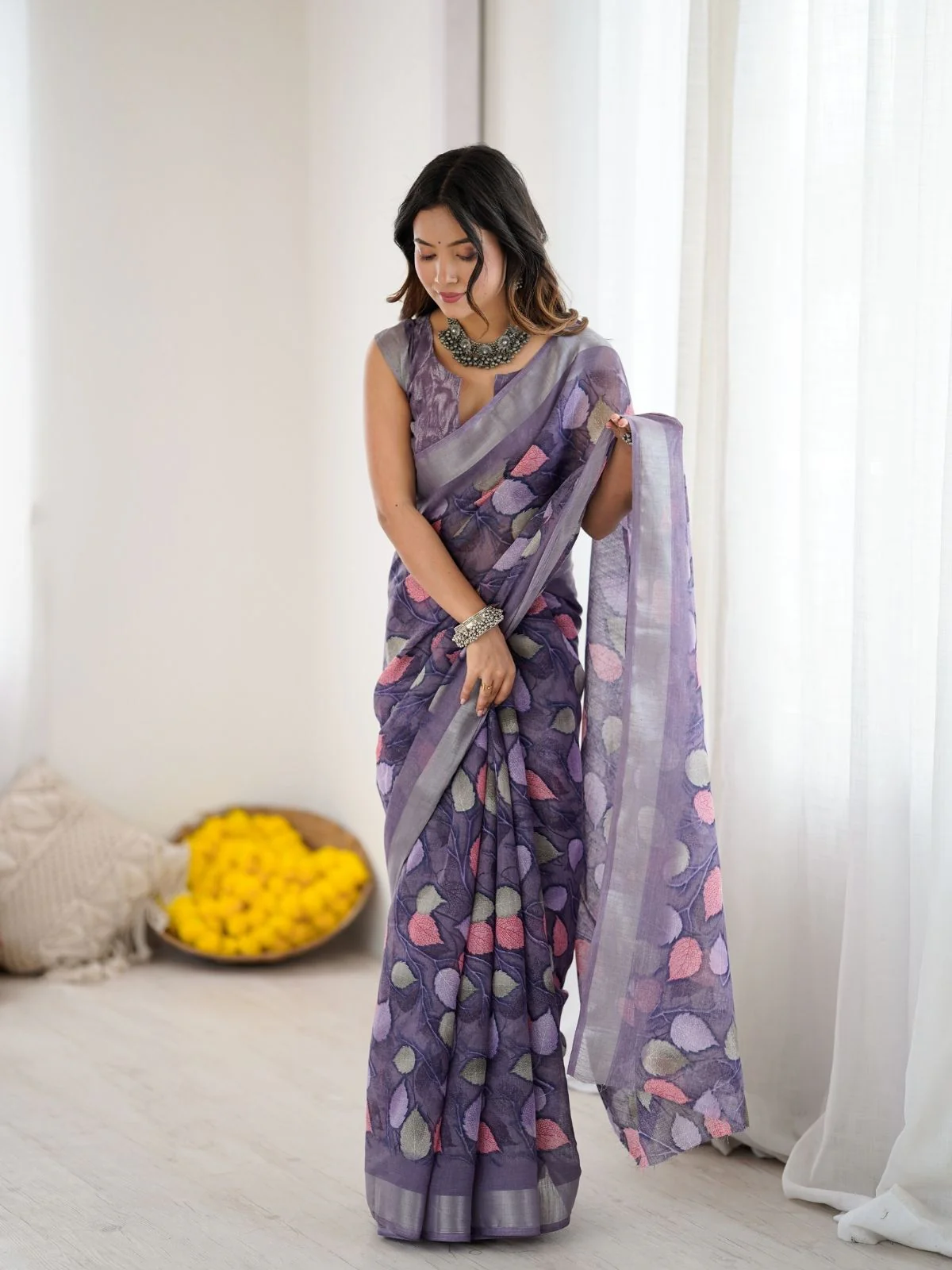 Odette Lavender Linen Cotton Printed Saree For Women - Image 2